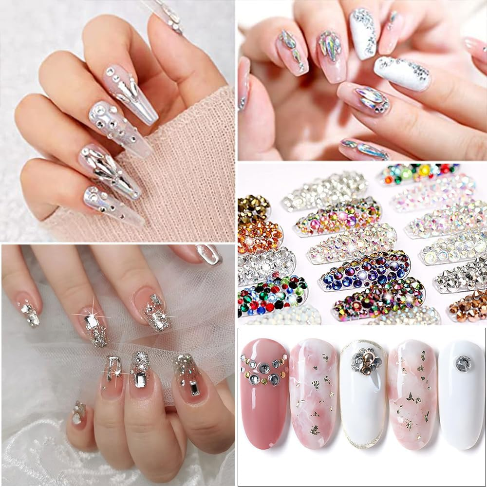 3Pcs Shiny Flatback Nail Rhinestones Gems,Multi-Shape round Beads for Nail Art, Includes Picker & Tweezers for DIY Manicure, Sparkling Nail Decorations for Professional Salon or Home Use,Black image number 3