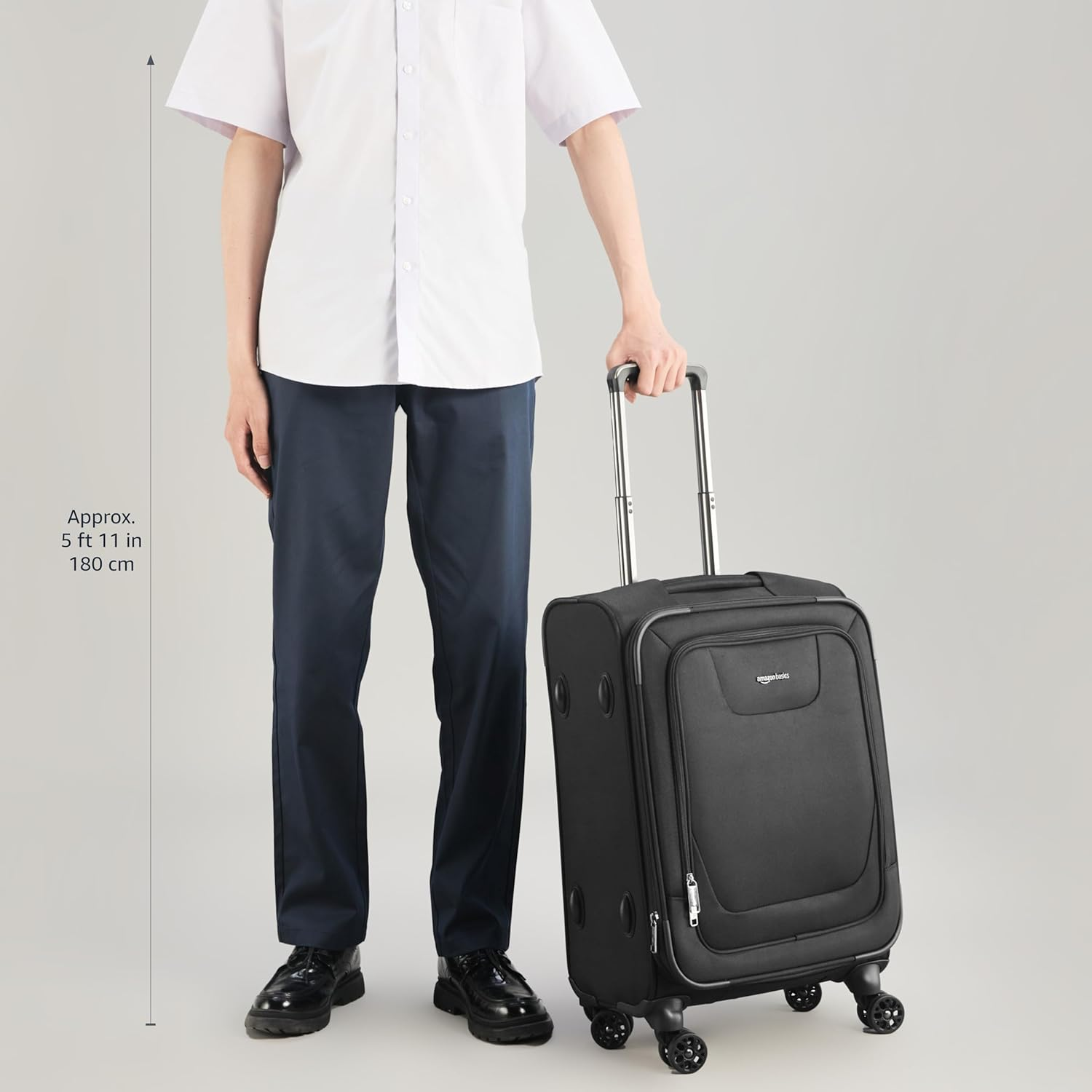 Amazon Basics 58Cm Luggage, Softside Suitcase with TSA Lock, 8 Spinner Wheels, Front Exterior Pocket, 3 Interior Pockets for Dry and Damp Clothes/Towels Separately, Black image number 5