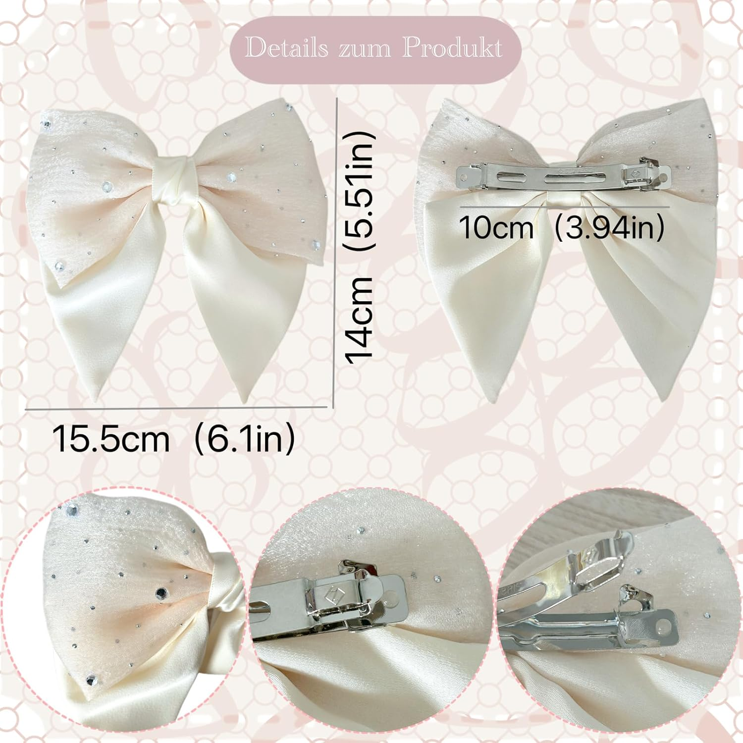Ypkia Pack of 2 Hair Bow Rhinestone Women'S Hair Clips with Bow Fabric Satin Hair Bows Hair Clips for Women Girls (Black + Beige) image number 2