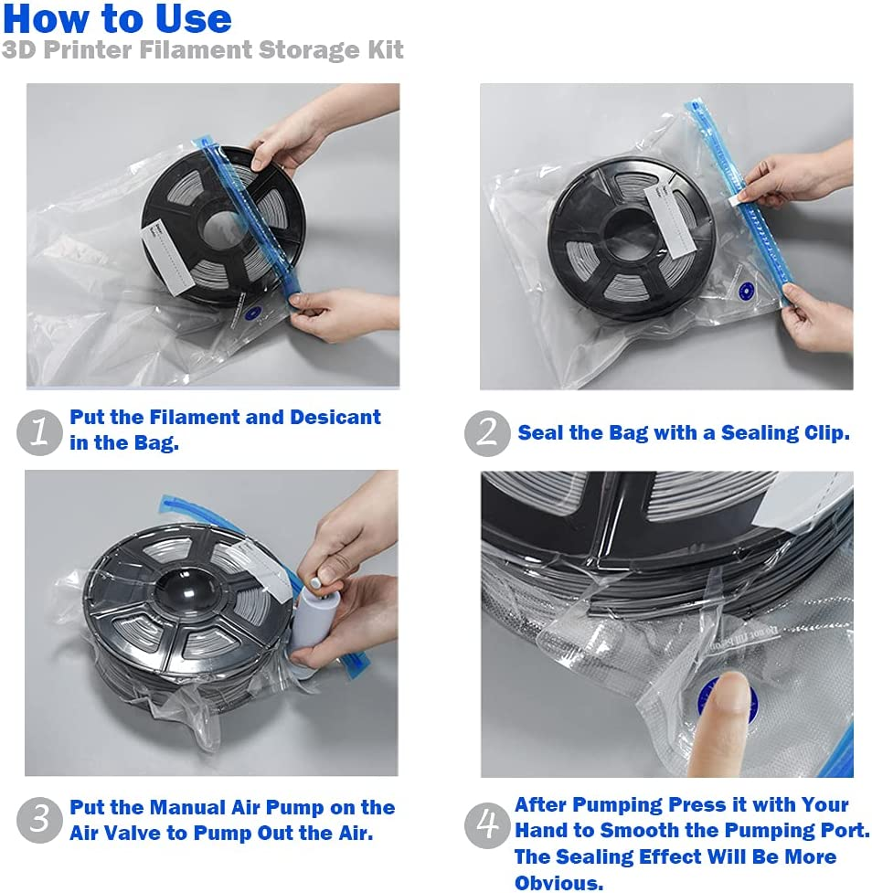 3D Printer Filament Storage Bag Kit Prevent and Monitor Moisture PLA Storage Dry Bags(12 X Vacuum Sealed Bags,1 X Hand Pump,20 X Desiccant,12 X Humidity Indicator Cards,4 X Sealing Clip),30X34Cm image number 3