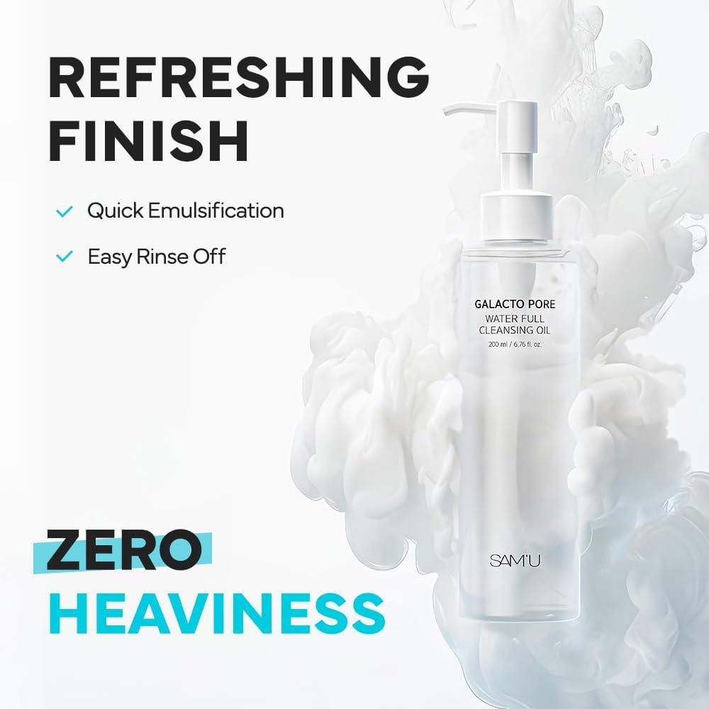 SAM'U Galacto Pore Water Full Cleansing Oil for Face, Korean Facial Cleanser & Makeup Remover with Galactomyces & Rice Bran Oil, Non-Comedogenic, All Skin Types, 200Ml image number 6