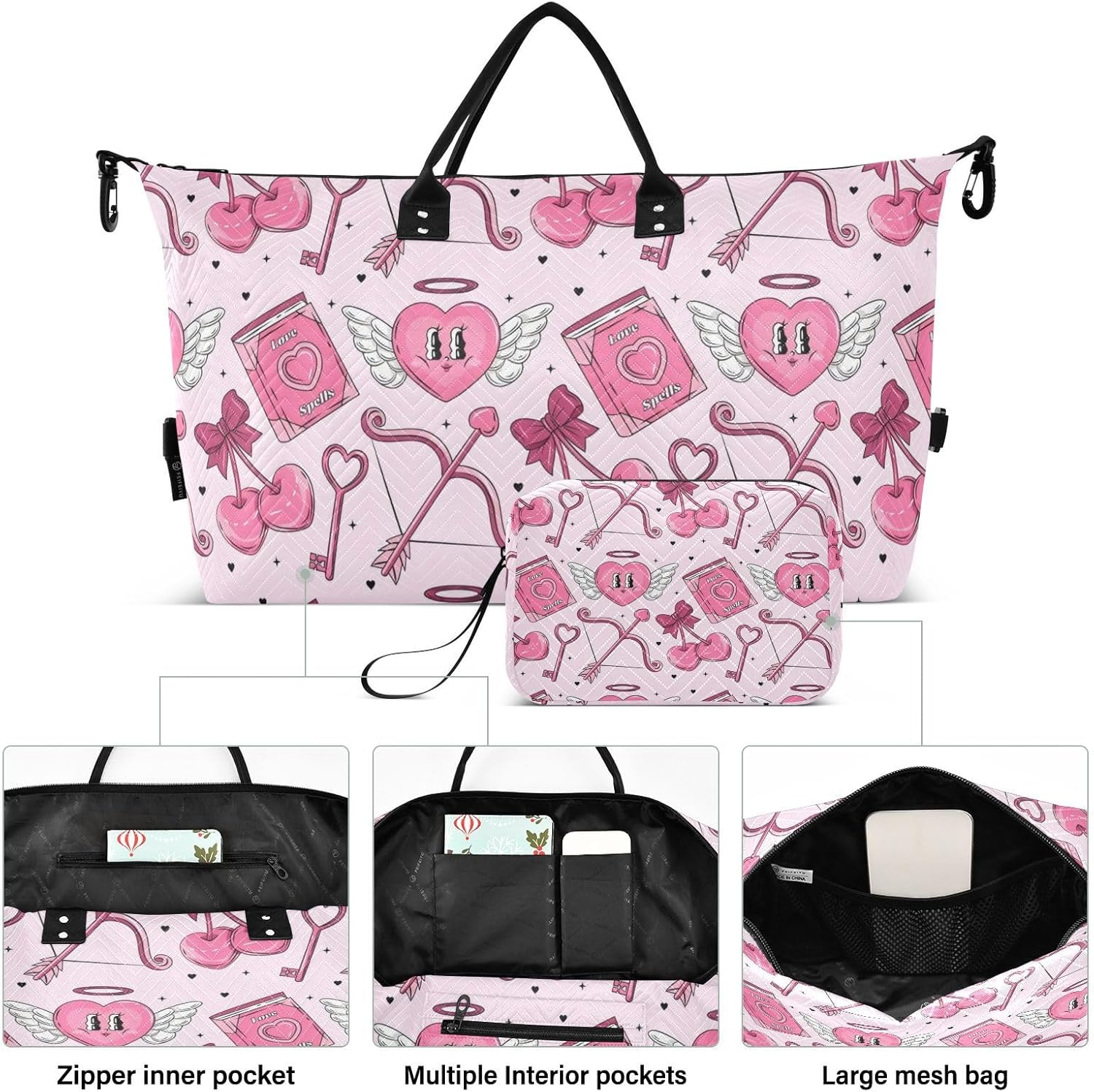 Peach Heart Cupid Personal Item Travel Bag Travel Weekender Gear Bag Gym Tote Bag with Toiletry Bag for Trekking 2 Pcs Set, Peach Heart Cupid, 1 Size