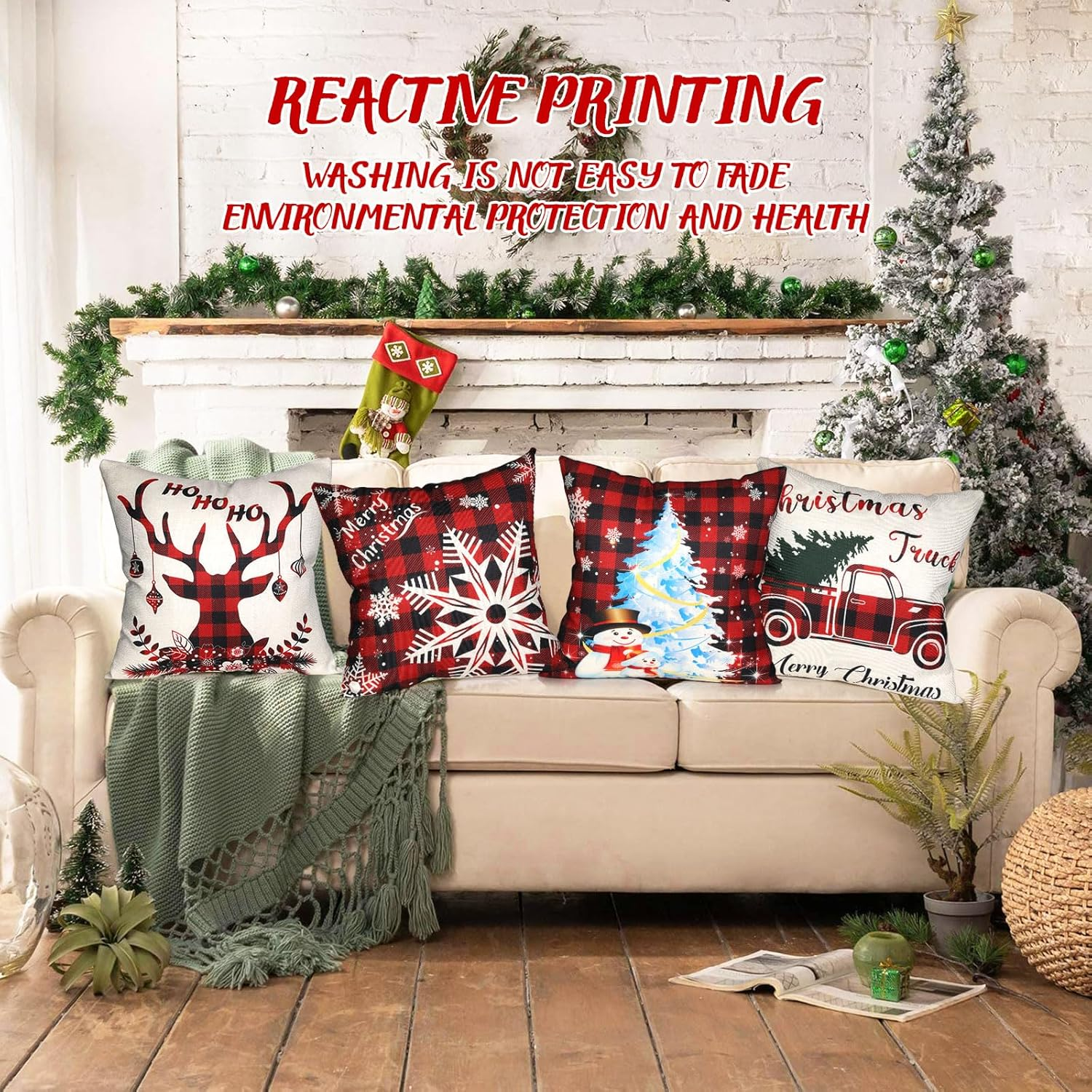 Bighan Christmas Pillow Covers, 18 X 18 Inch Throw Pillow Case Cushion Cover Linen Christmas Decorations, Red Plaid image number 5