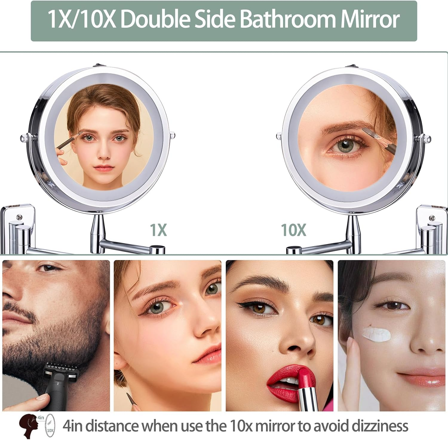 Wall Mounted Lighted Makeup Mirror, Double Sided Vanity Mirror with 1X 10X Magnifying Bathroom Mirror, 3 Color Lighting, Touch Screen Dimming, Extended Arm 360 Rotation Shaving Light up Mirror image number 3