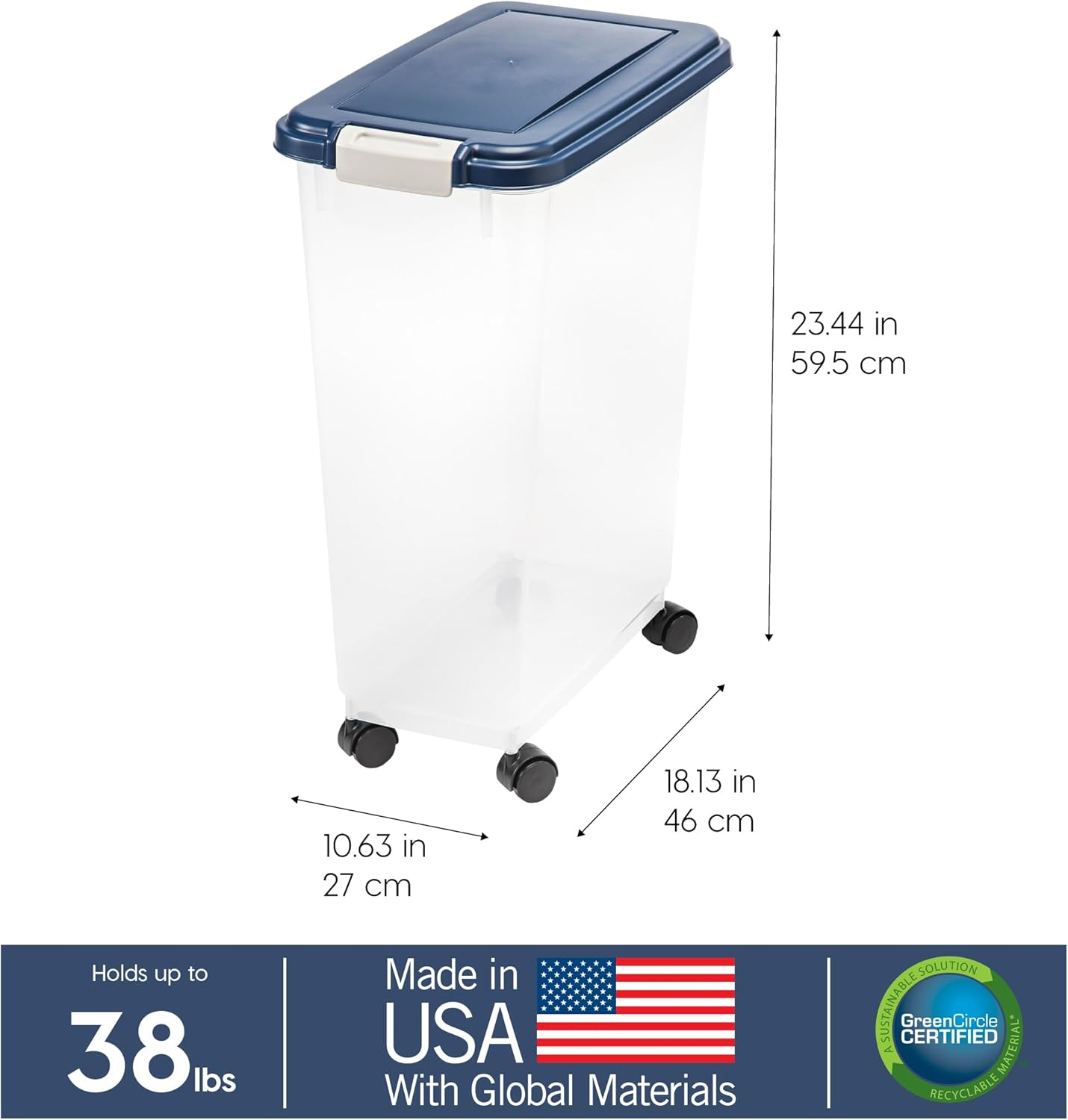 IRIS USA 35Lbs./47Qt. Weatherpro Airtight Pet Food Storage Container with Attachable Casters, for Dog Cat Bird and Other Pet Food Storage Bin, Keep Fresh, Translucent Body, Easy Mobility, Navy image number 4