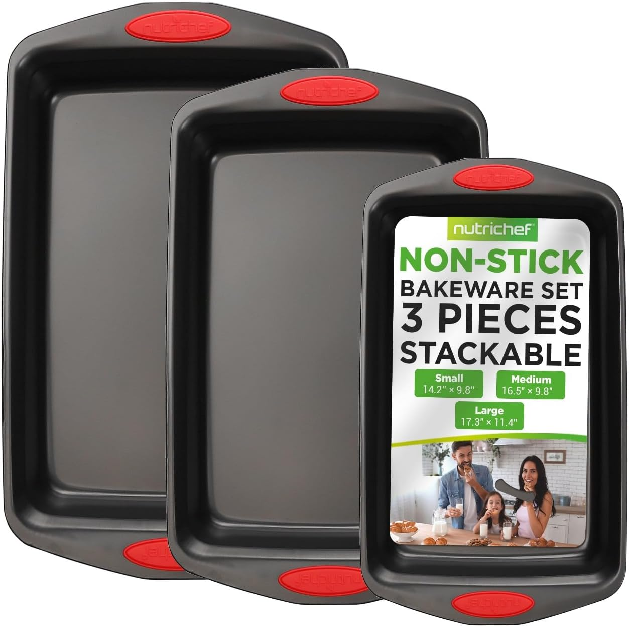 Nutrichef 3-Piece Baking Pan Set - Premium Nonstick Carbon Steel Bakeware W/Silicone Handles - Includes Large, Medium, & Small Pans for Baking & Roasting - PFOA, PFOS, PTFE Free - Gray
