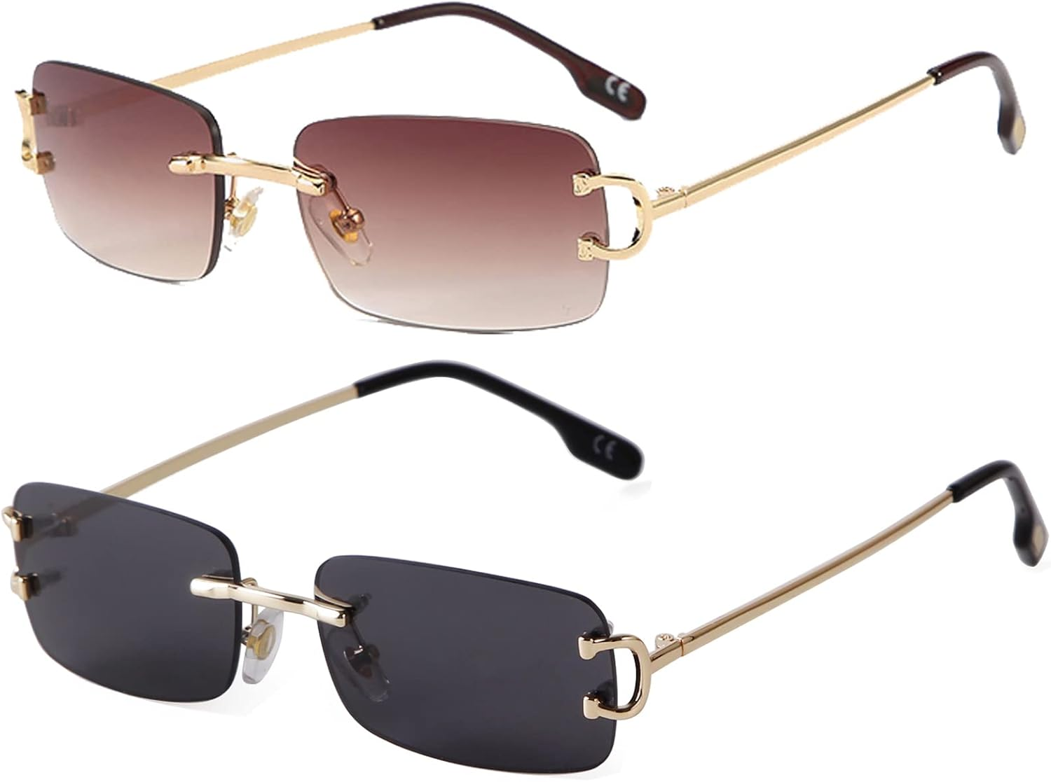 Sdinm Small Narrow Rimless Sunglasses Fashion Frameless Rectangle Tinted Lens Eyewear 90S Glasses for Women Men - 2Pc:Clear+Brown Gradient image number 7