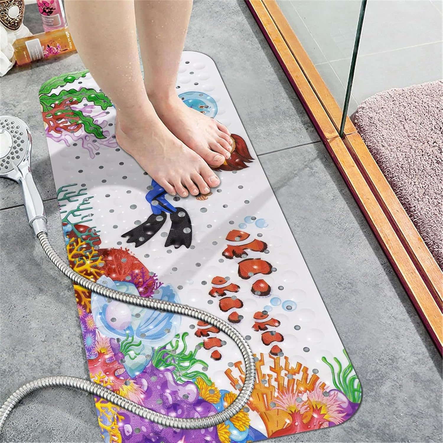 Baby Bath Mat 100X40Cm Non Slip Kids Bathtub Mat with Suction Cups & Drain Holes Cute Cartoon Bath Tub Mat/Shower Mat for Bathroom Baby Toddlers Children Machine Washable (Multicolor1) image number 3