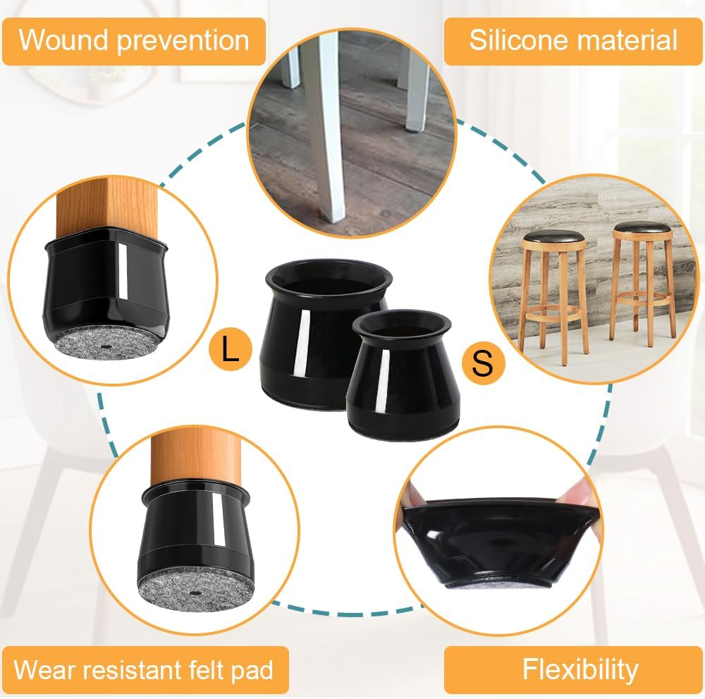 32Pcs Black Chair Leg Floor Protectors,Bar Stools Leg Protectors Caps,Dining Room Chair Leg Protectors for Hardwood Floors, Chair Leg Covers Silicone Felt Furniture Pads (Small Fit: 23-32.9Mm) image number 4