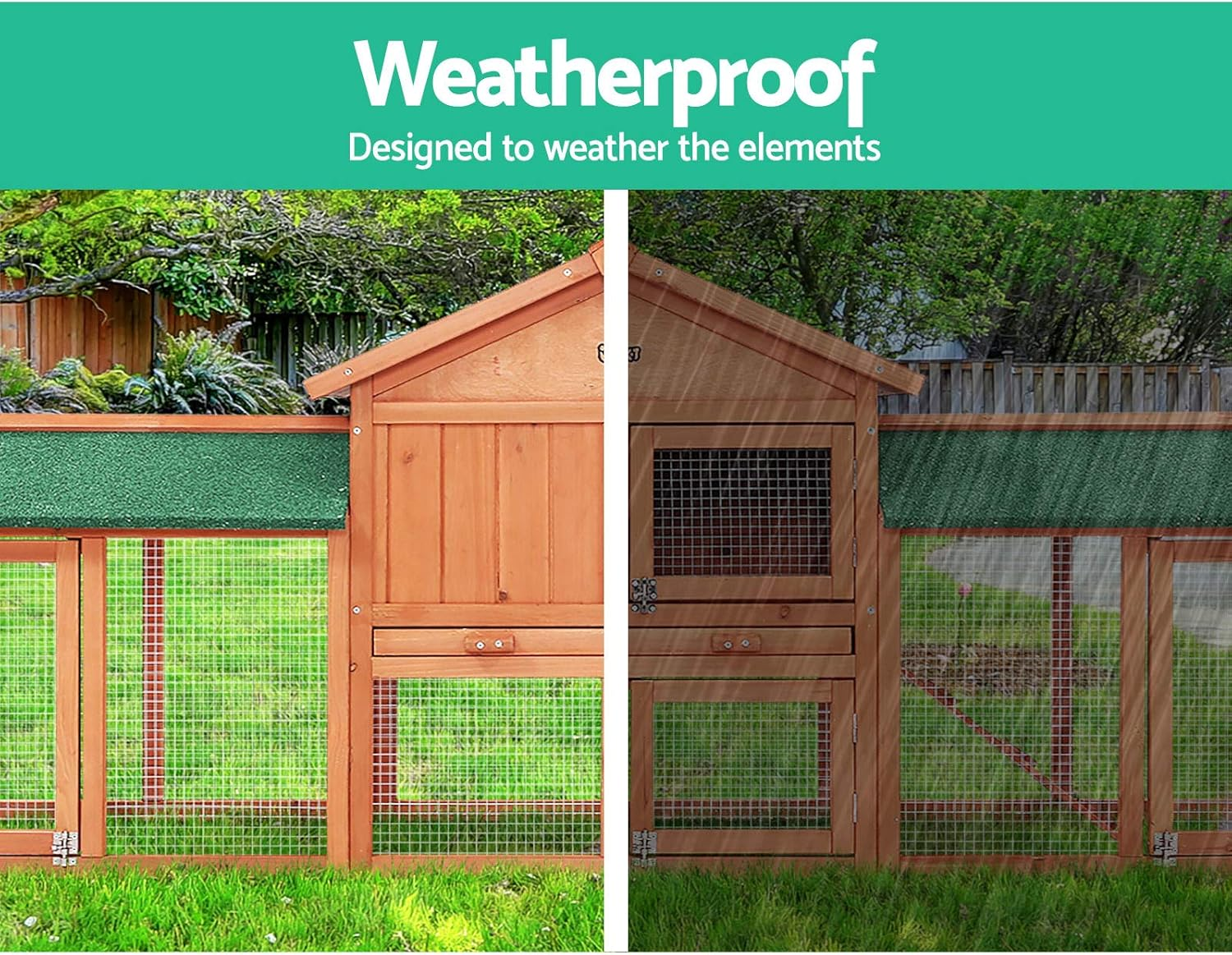 I.Pet Chicken Coop Large Rabbit Hutch, Coops Wooden Pet House Run Cage Walk in Door Guinea Pig Ferret Feeder Bunny Hen Chook, Outdoor Weatherproof Metal Roof Tray Ladder Hatch Nesting Box Farm DIY image number 5