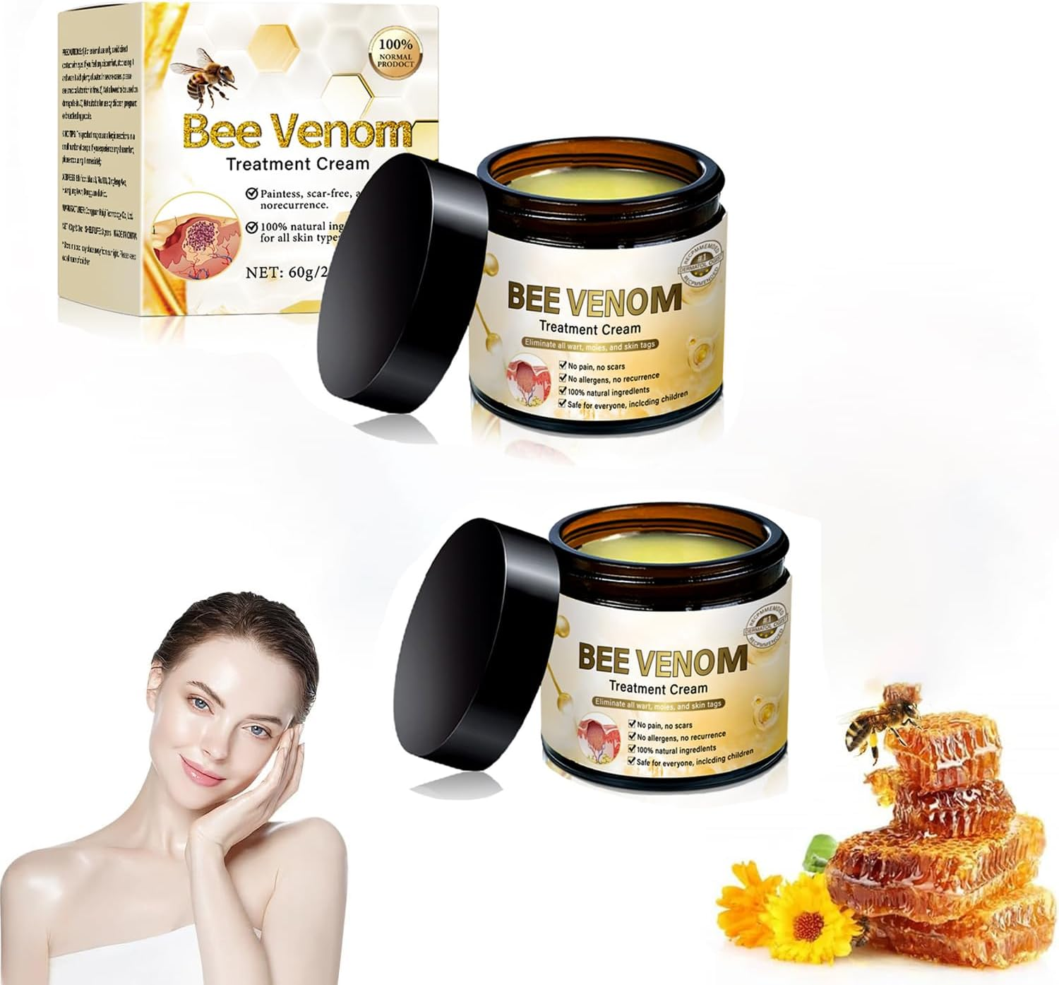 2PC Turonu Bee Venom Treatment Cream，Professional Bee Venom Correcting Gel, Skin Repair Cream, Bee Venom Wart and Mark Removal Treatment，Bee Venom Skin Mark Remover, Correcting Gel for All Skin Types image number 3