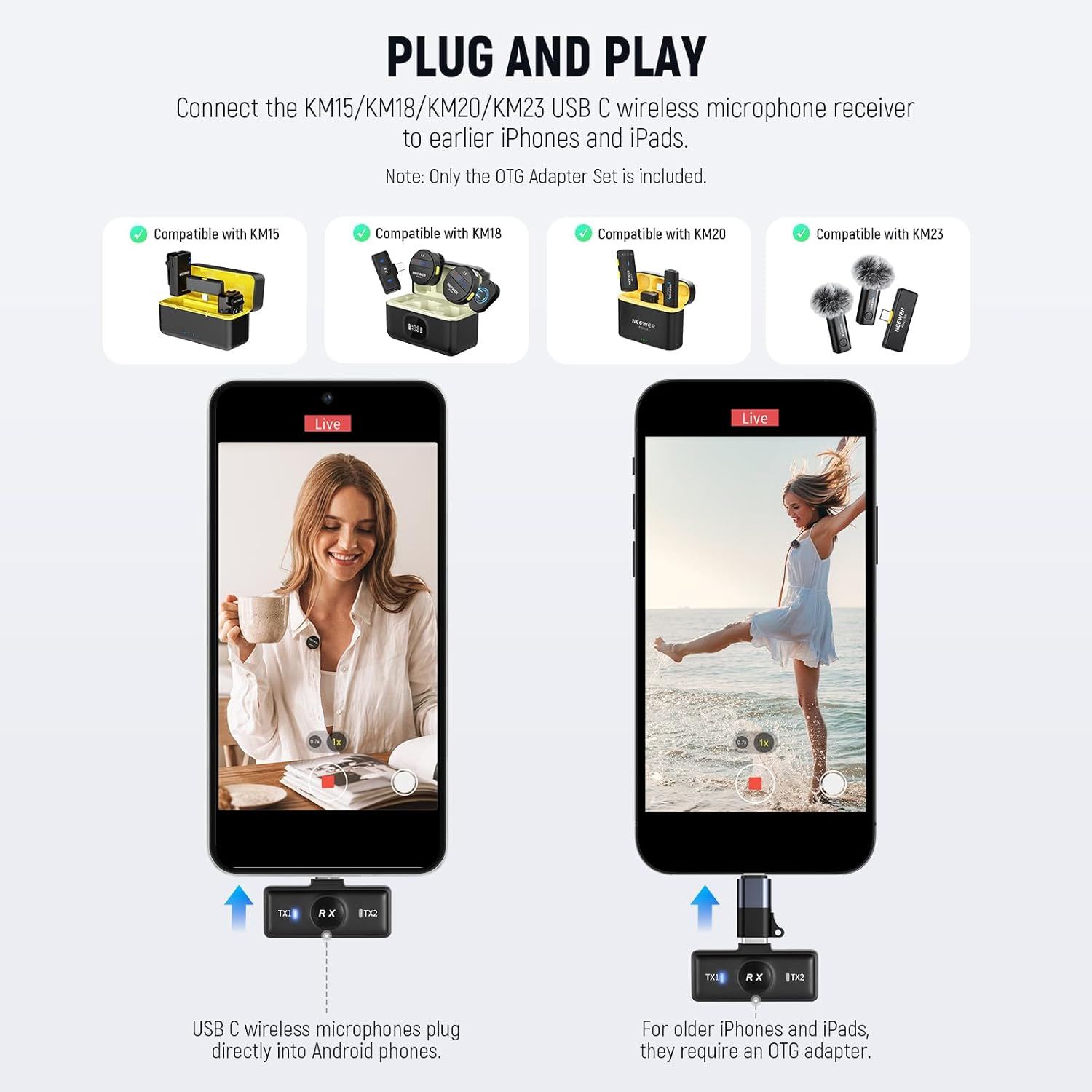 NEEWER USB C to Ios OTG Adapter 2 Pack Set, USB Type C (Female) to Ios (Male) Compatible with Iphone 14 13 12 11 X Ipad and NEEWER Type C Wireless Microphone, LM4