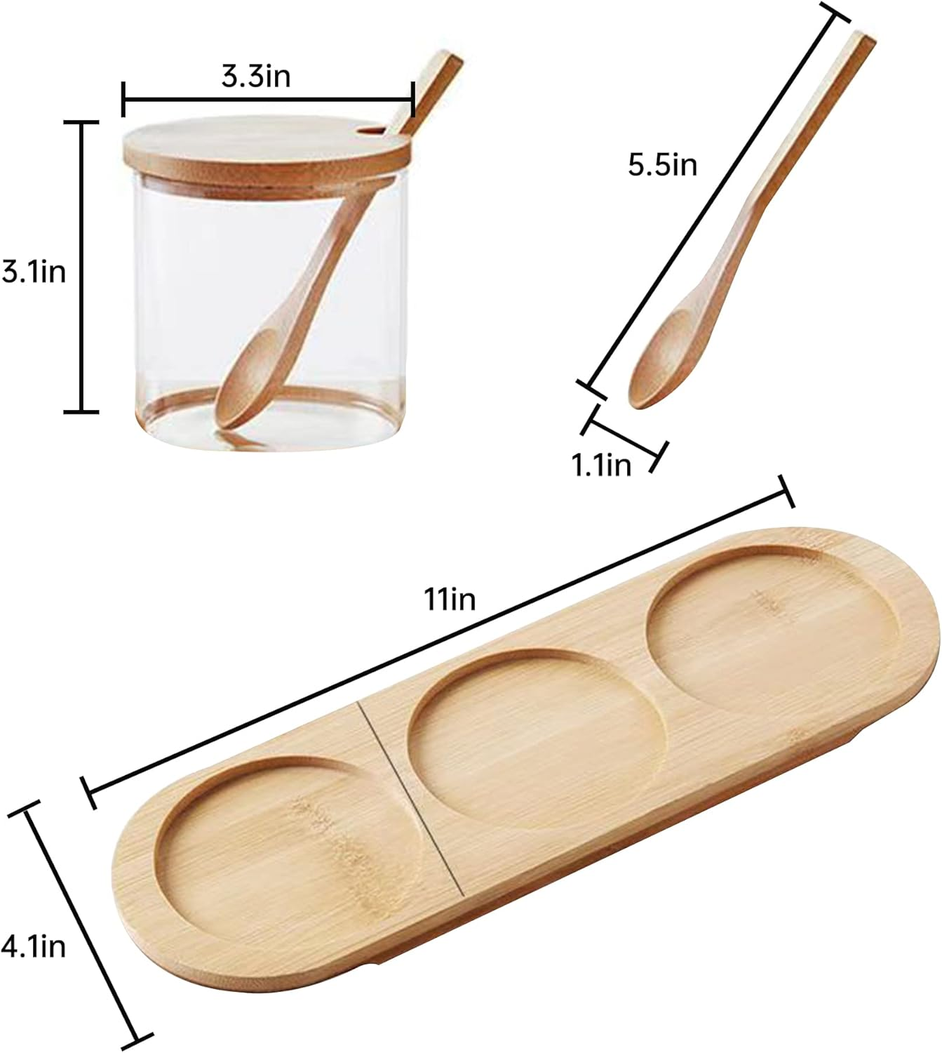 Incifuerza 3 Pack Rustic Condiment Jars with Rack, Glass Seasoning Box with Bamboo Lid, Seasoning Canister Set with Wooden Spoon and Bamboo Base image number 4