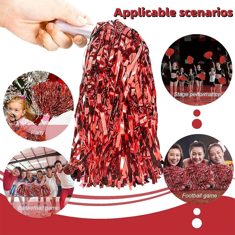 Cheerleader Pom Poms & Hair Accessories Set &mdash; 8-Inch Oversized Bow Hair Ties, DIY Handheld Flower Pom Poms, Cheer Bobbles & Hair Bows for Sports Teams, Dance Performances, Events （Red） image number 4
