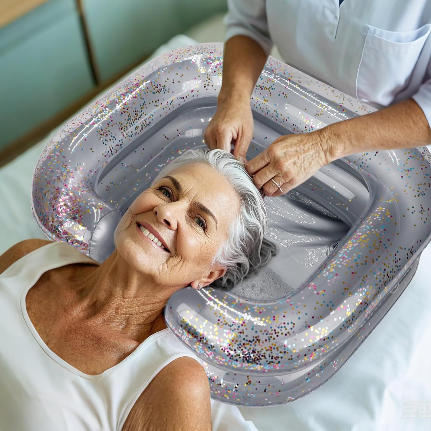 Inflatable Hair Washing Basin, Portable Shampoo Bowl with Pillow and Drain Hose, Hair Washing Basin for Bedridden, Disabled, Injured, Perfect for Dreadlocks, Curly Hair, Thick Hair (Grey) image number 4