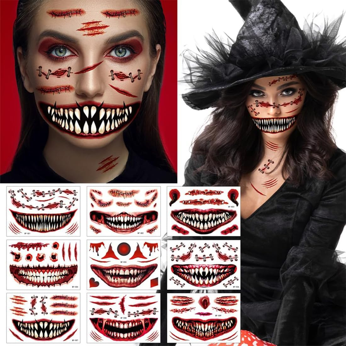 9 Sheets Scary Face Tattoo Scars Wounds Halloween Costume Women Men Adults Fake Face Halloween Make up Zombie Temporary Tattoos Party Accessories Accessories image number 1