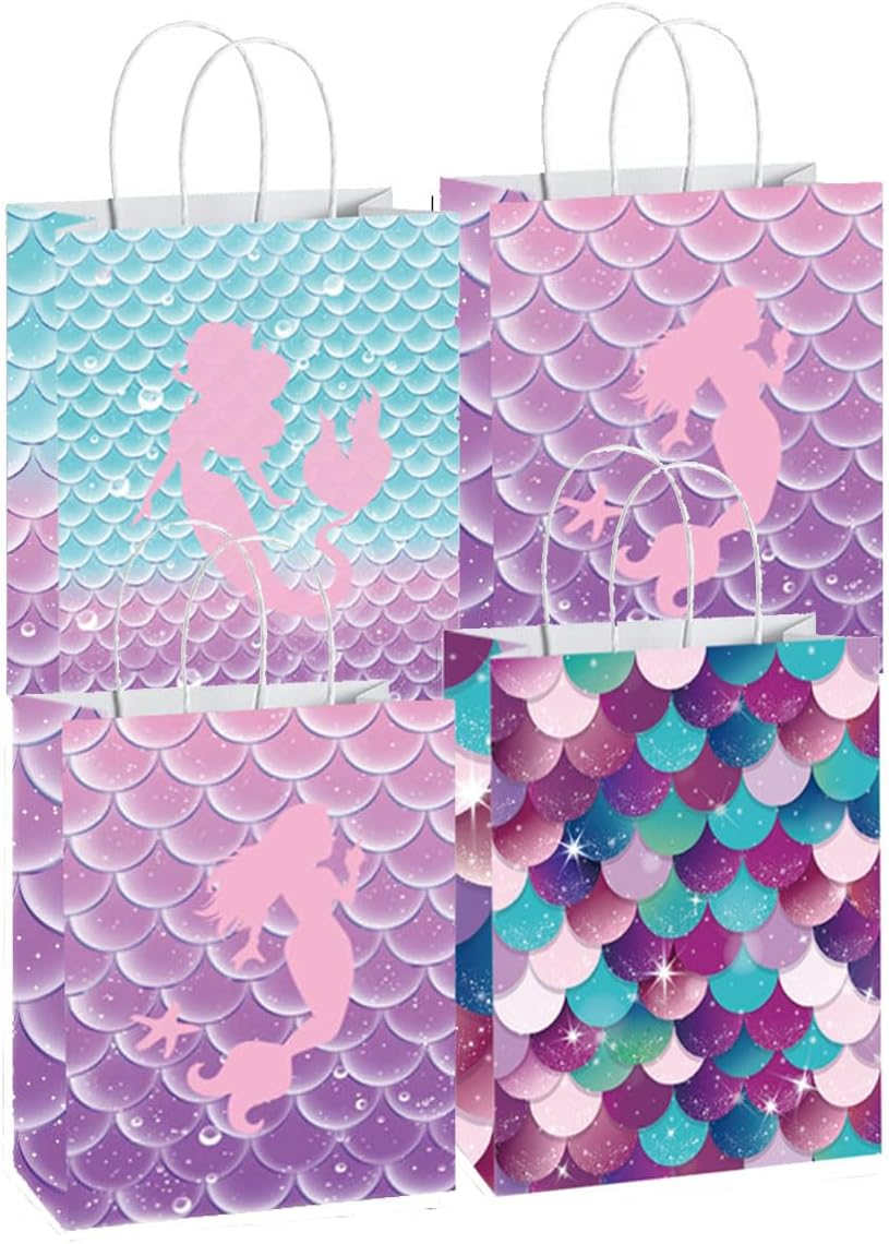 Dnvkict 24 Pack Mermaid Goodie Bags with Handles Candy Bags Mermaid Theme Party Bags Party Favor Treat Bags for Decorations (Fish Scale)