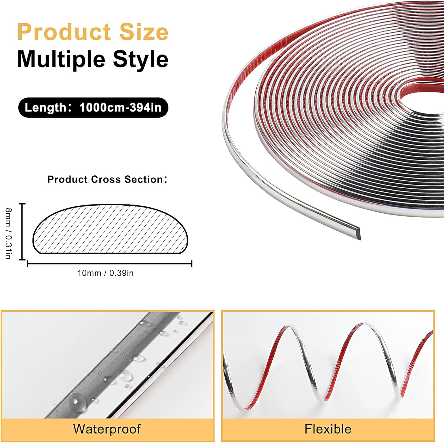 1000Cm Flexible Peel and Stick Moulding Trim Shiny,Self Adhesive Tile Trim Waterproof,Soft Edging Strip,Corner Trim Wall Trim for Wall,Mirror,Ceiling, Tile Edge, Door and Wardrobe（8Mm - Silver）