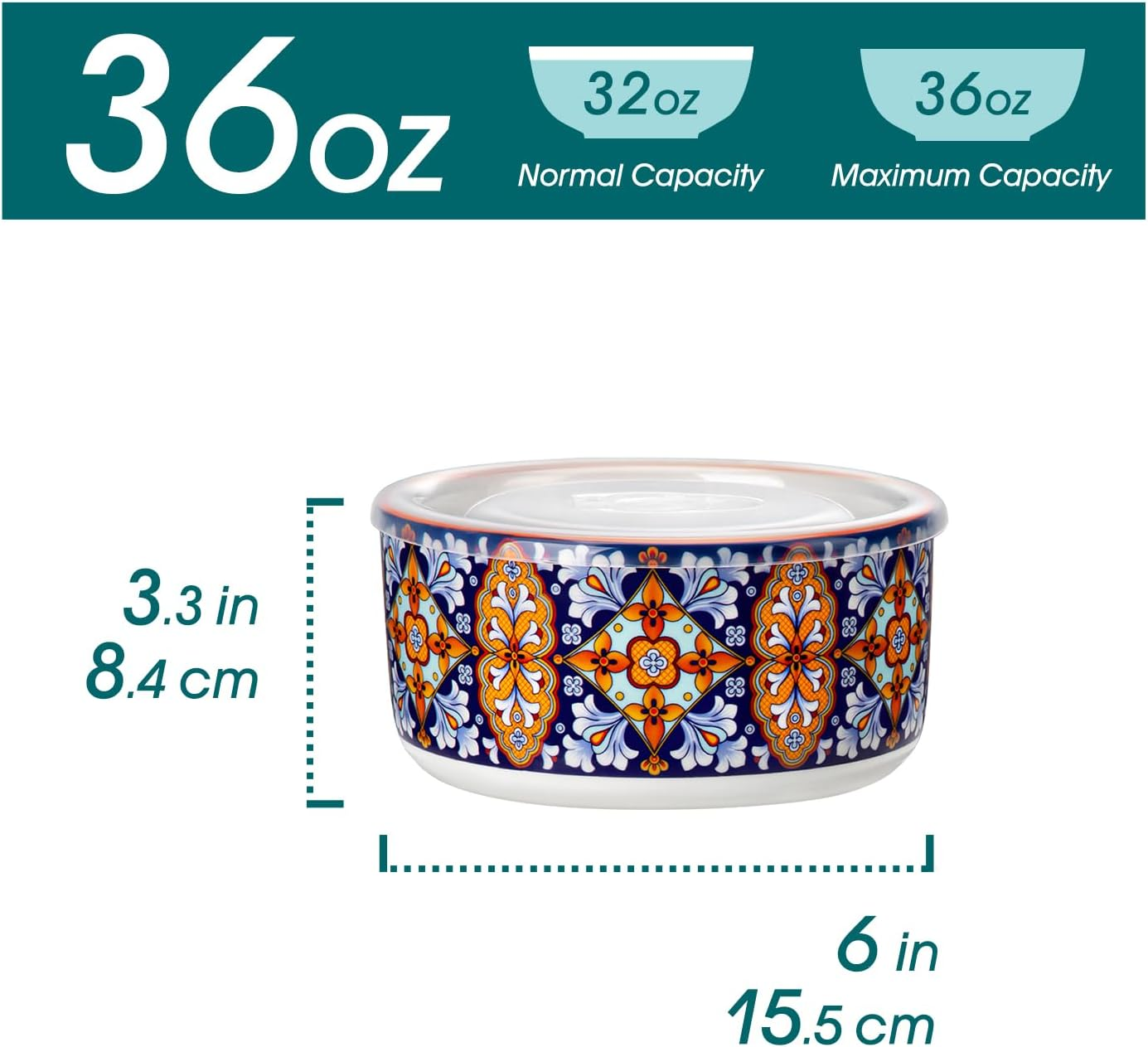 Vancasso 36 Oz Ceramic Bowls with Lids Set of 4, 6 Inch Food Storage Containers & Prep Bowls for Leftovers, Soup, Cereal, Meal Prep, Office Lunch, Microwave & Dishwasher Safe, Series SIMI image number 3