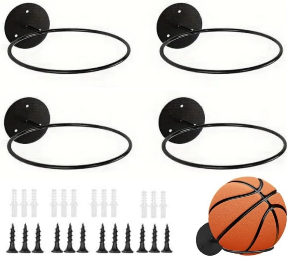 4 Pack Metal Ball Holder Wall Mount - Universal Basketball Football Rugby Display Rack, Sports Room & Boy'S Room Organizer for Ball Storage Accessories