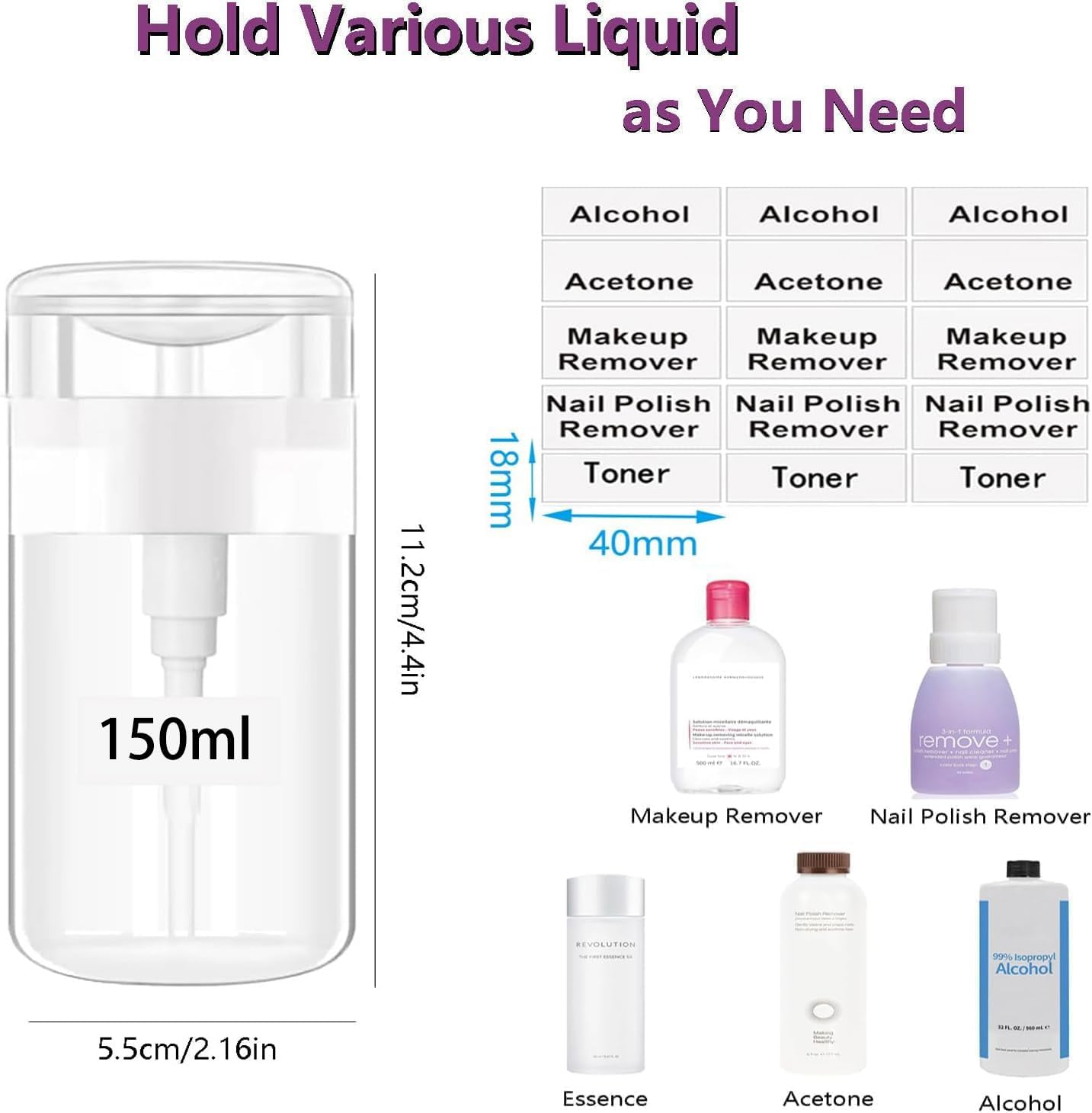 Push down Pump Dispenser 3Pack Nail Polish Remover Pump Bottles Alcohol Acetone Dispenser Clear Empty Pump Dispenser for Makeup Remover Travel Bottles with Stickers image number 5