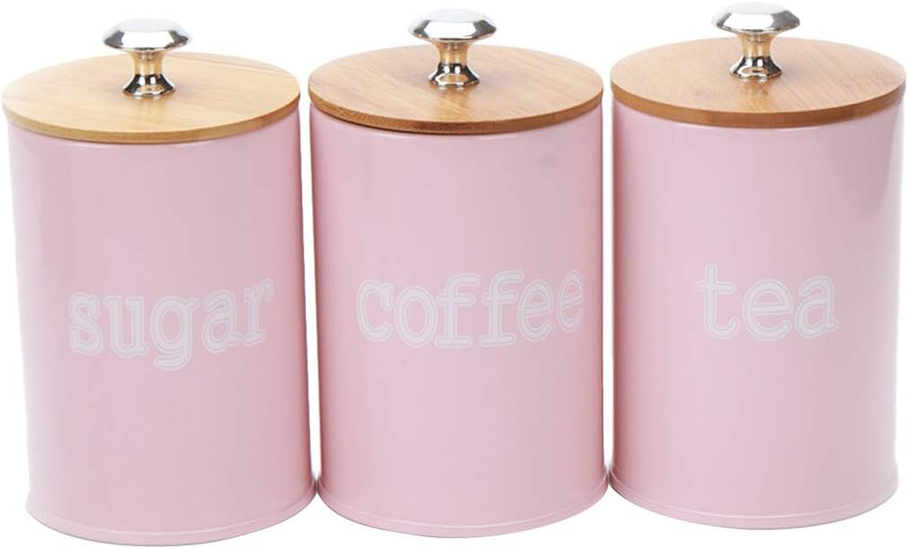 Set of Food Storage Canister with Wooden Lid - Metal Food Storage Canister, Food Storage Jar for Coffee, Sugar, Tea, Spice and Pink image number 1