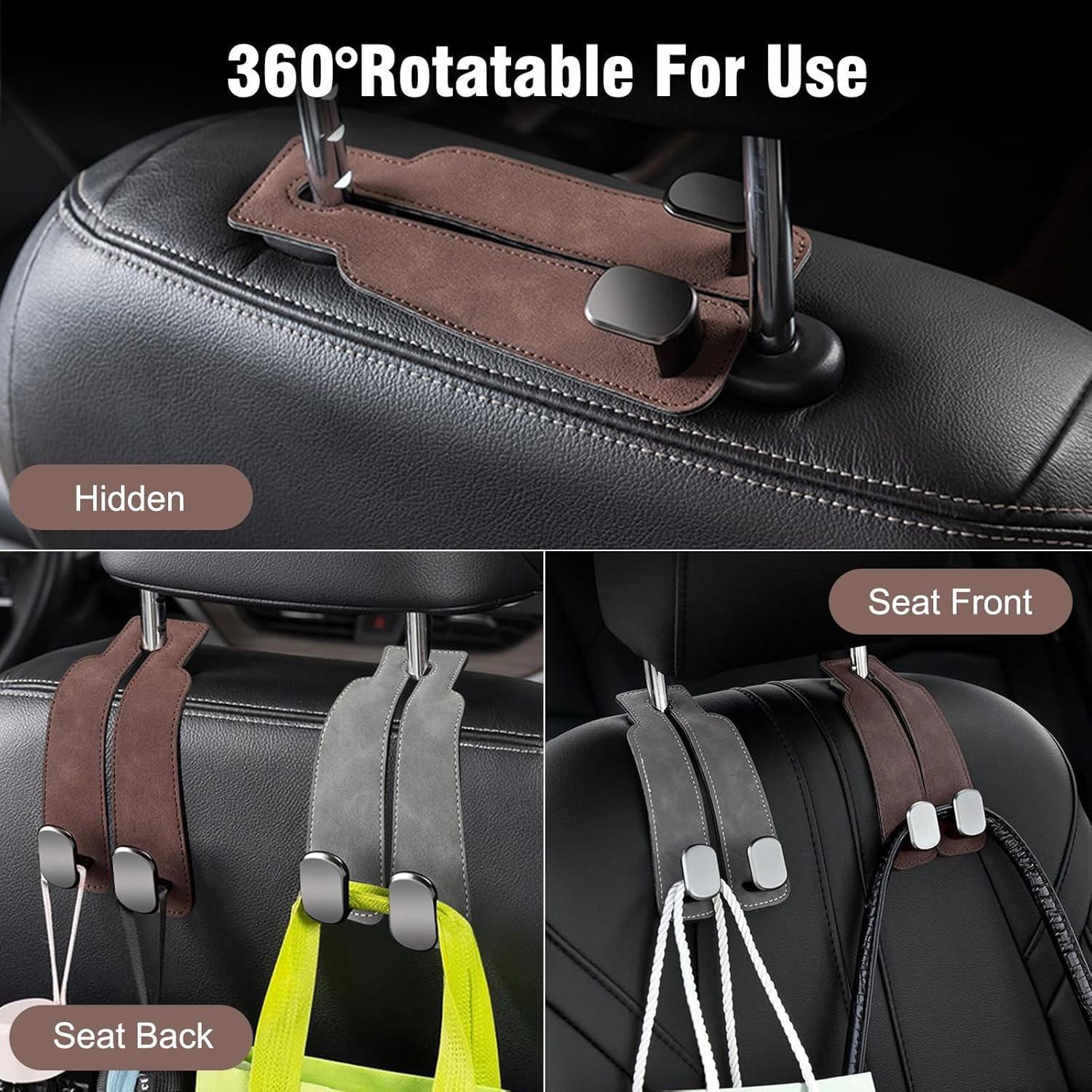 2 Pack Car Bag Hook,Car Seat Back Storage Hook for Headrest,Car Accessories Interior,Multifunctional Car Headrest Hanger with Metal Hooks for Purses,Handbags,Mobile Phone (Brown)