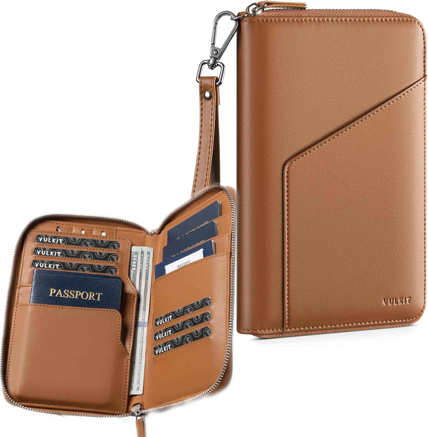 VULKIT Leather Passport Holder Family Travel Document Organizer with RFID Blocking Travel Wallet Slim Passport Slots SIM Card and Multiple Card Holders Passport Wallet for Men and Women (Brown)