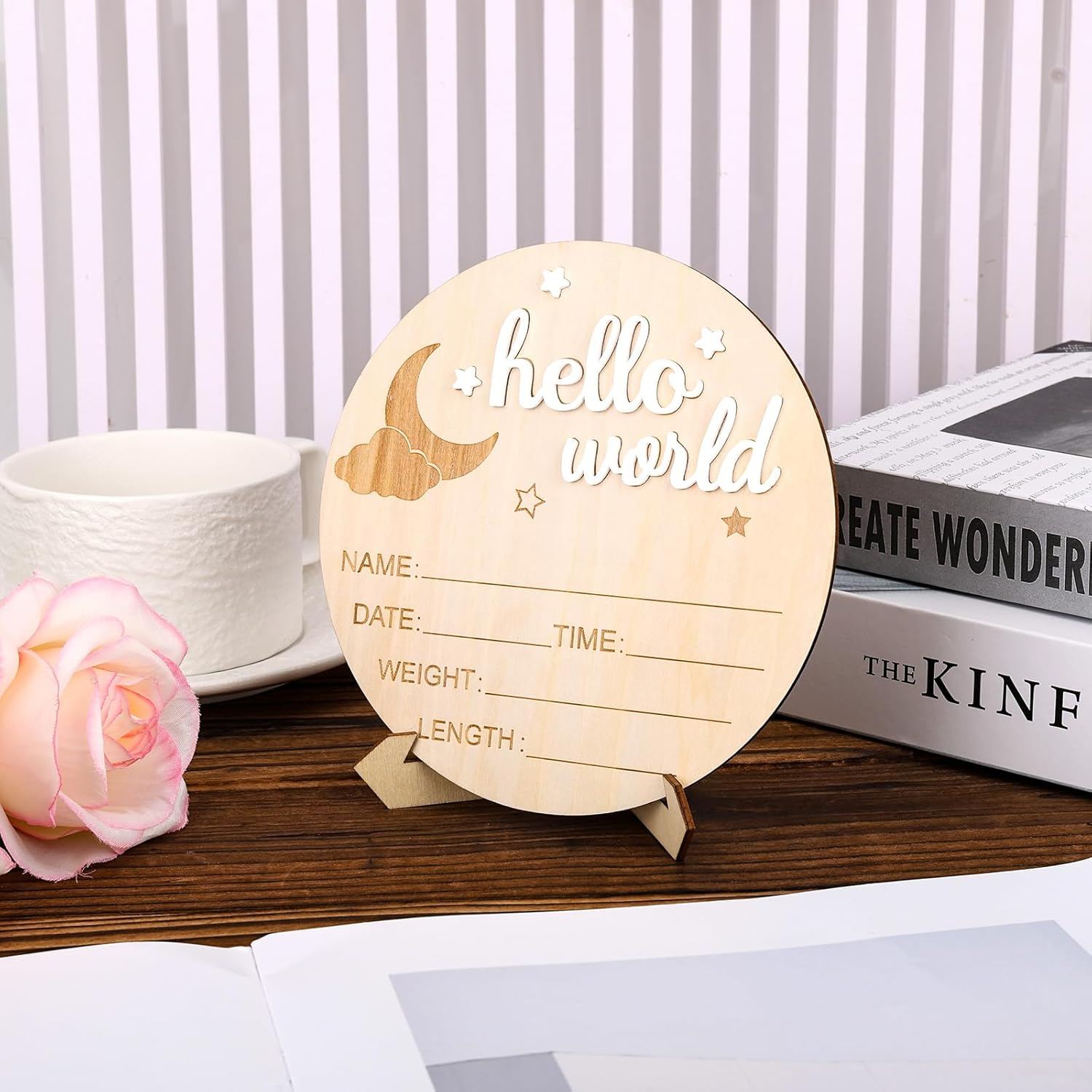 Wooden Hello World Newborn Sign, 5.8In Birth Announcement Board Baby Name Plaque Birth Stats Board for Boys and Girls Cute Nursery & Hospital Photo Prop image number 3