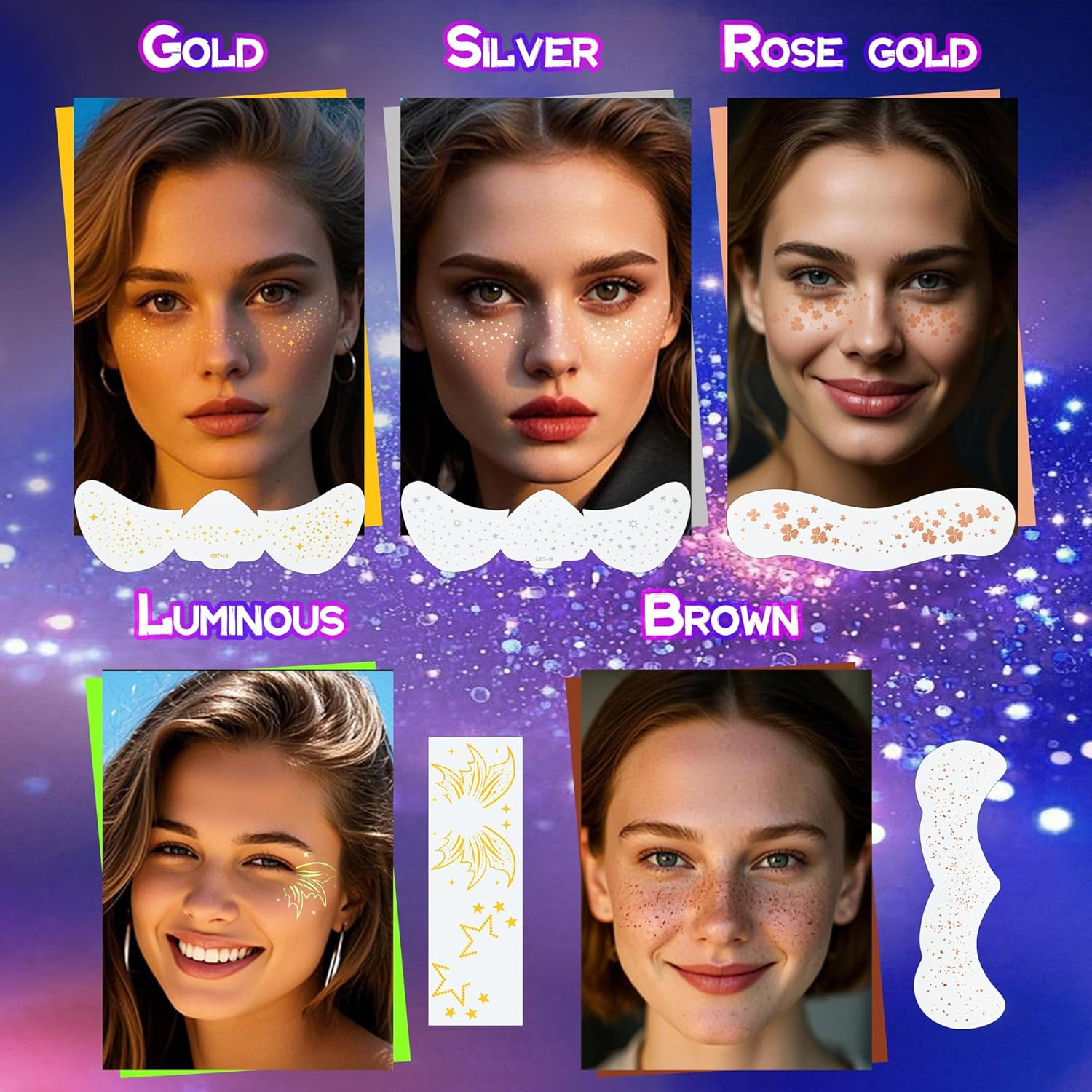 VANERIA Glitter Freckles Face Tattoo 8 PCS Sparkle Star Freckles for Girls,Face Glitter Makeup Patches (Rose Gold) - Gold image number 4