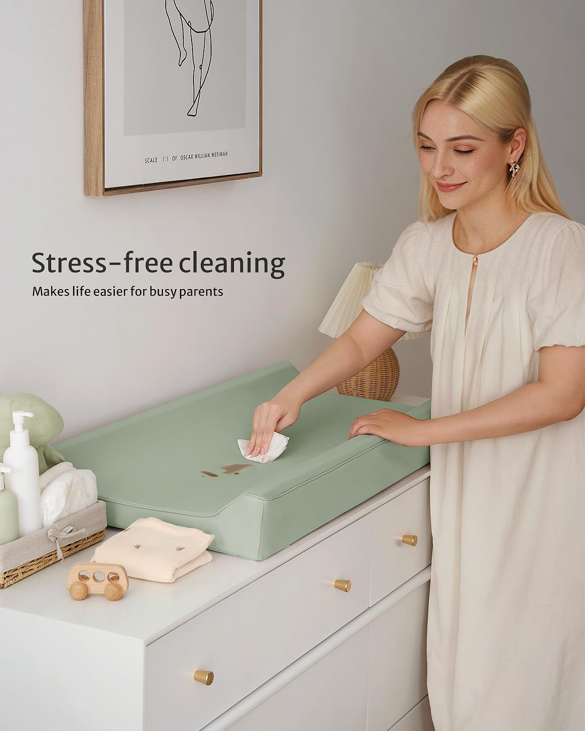 Blissful Diary Vegan Leather Baby Changing Pad with Waterproof & Wipe-Clean PU Cover, Standard Size Cozy Diaper Changing Pad for Dresser and Table, Light Green image number 6