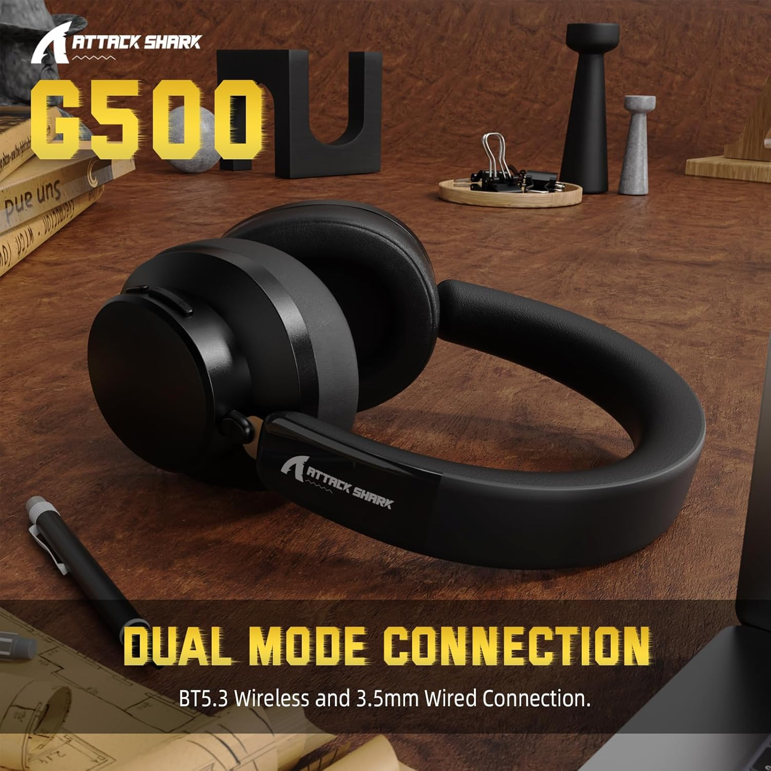ATTACK SHARK G500 Active Noise Cancelling Wireless Headphone, over Ear Bluetooth Headset with Built-In Mic, BT5.3 & 3.5MM Wired Dual Mode, Lightweight Foldable, On-Ear Style for Home/Office - Black image number 4