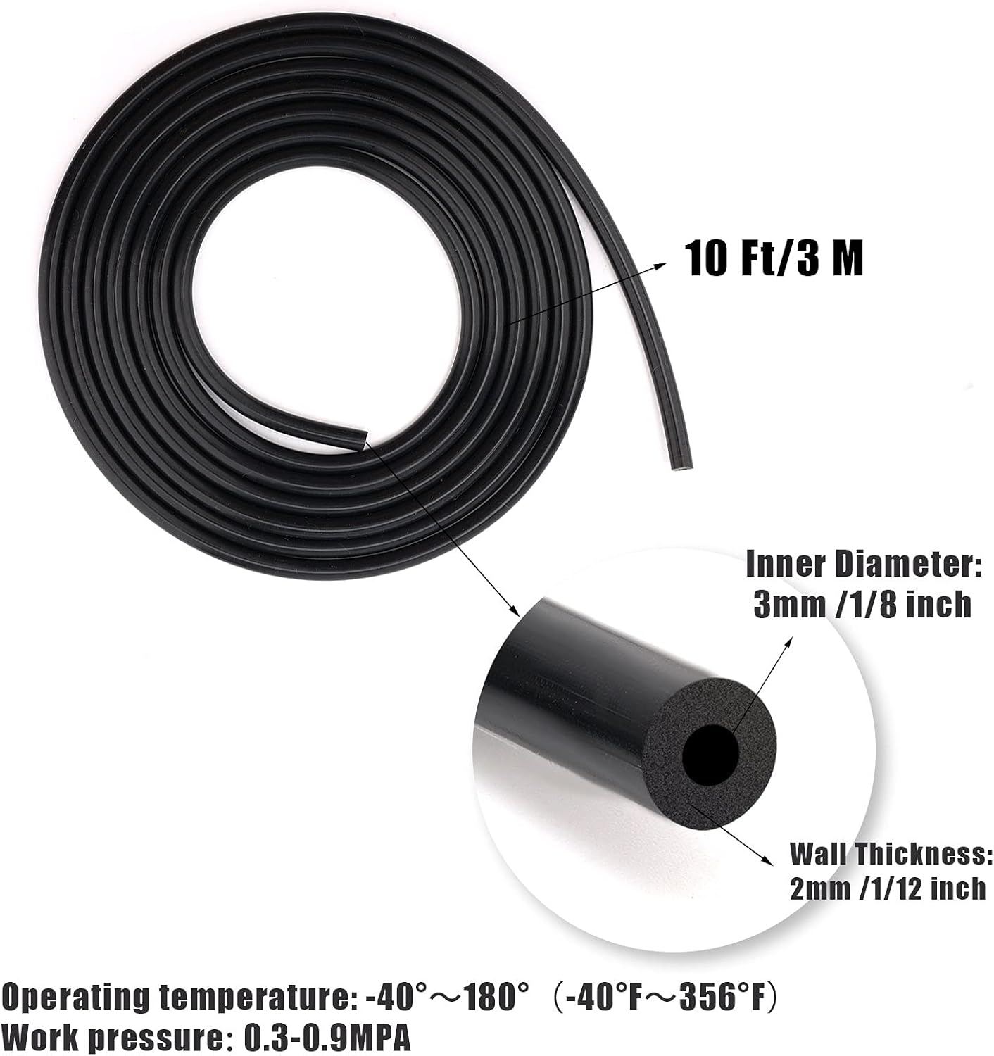 AIEX 1/8Inch Inner Diameter 10Ft High Temperature Silicone Vacuum Tubing Hose, High Performance Automotive Replacement Vacuum Hose Line for Vehicle Radiator Use (Black, 3Mm)