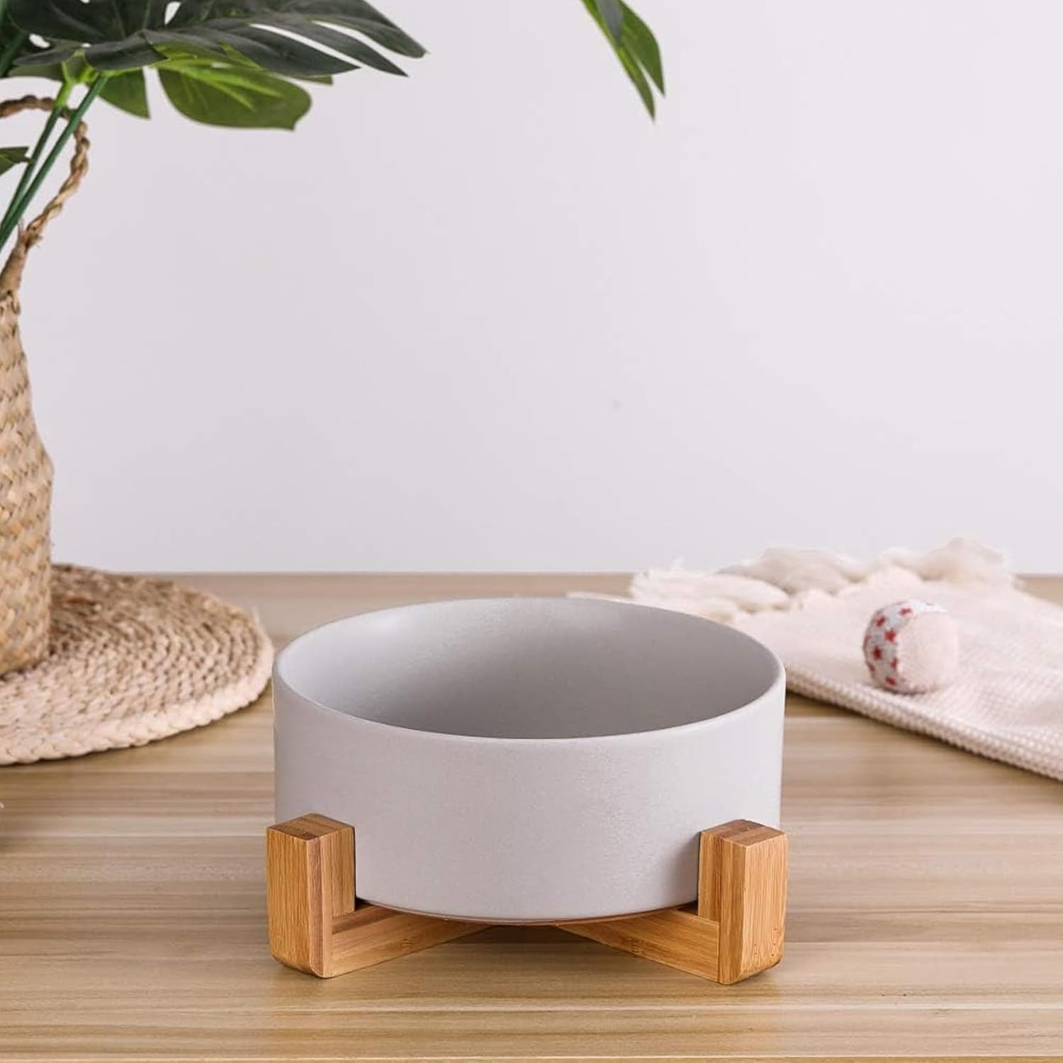 Ceramic Dog Bowls with Non Slip Wood Stand, PRENDIEEN Dog Water Bowls and Food Dish, Heavy No Tip over Dog Comfort Food Bowls, Extra High Capacity 8.4In(21Cm) Diameter, for Large Dogs (Grey) image number 4