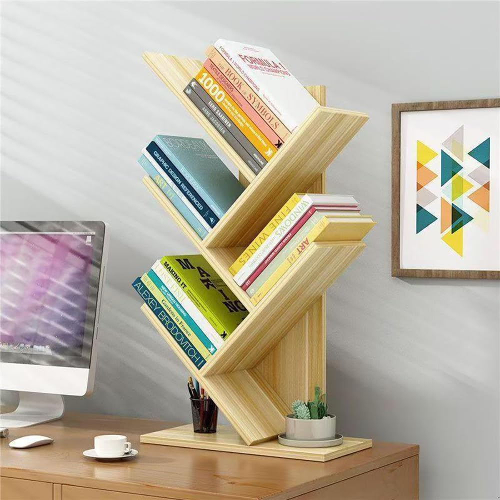 Hbluefat Tree Bookshelf, 5-Tier Wooden Desktop Small Bookshelf and Mini Bookcase for Office, Home or School Desk Book Shelf for Displaying Books, Cds, Magazines Wood Storage Rack (Teak)