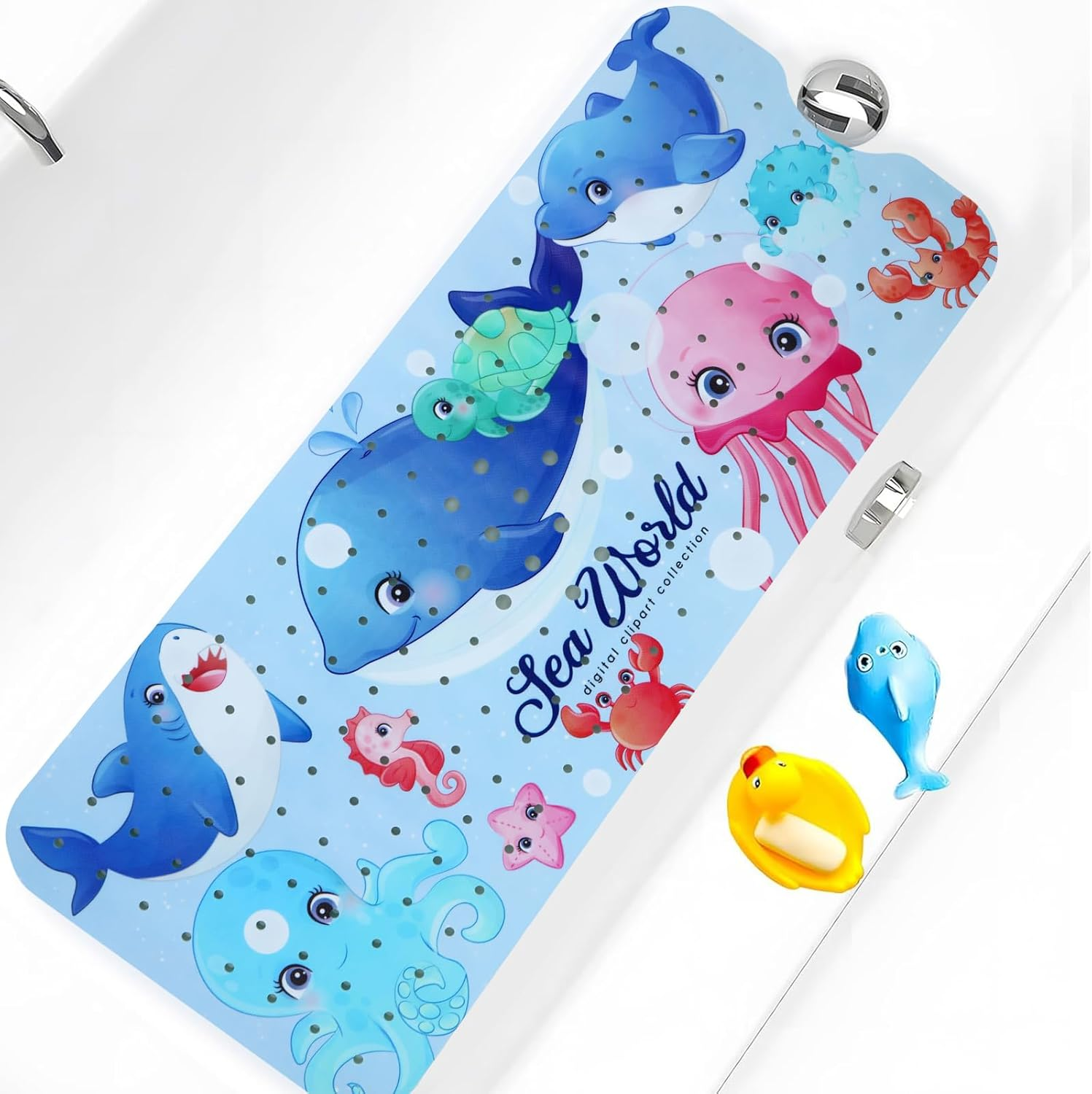 Bathtub Mat Non Slip Shower for Kids Adults & Elderly 40X16 Inch Extra Long anti Bath Mats Tub with Suction Cups and Drain Holes,Duck Blue Ducks