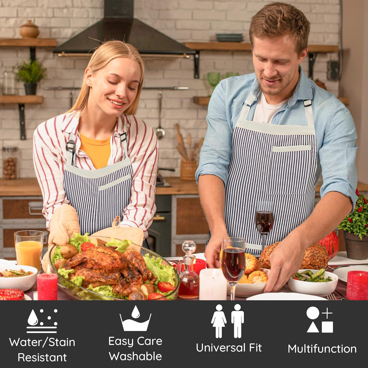 2 Pack Stripe Kitchen Apron, Adjustable Bib Soft Apron with 3 Pockets, Chef Aprons for Men Women, Cooking Aprons for BBQ Painting Gardening Baking Restaurant image number 4