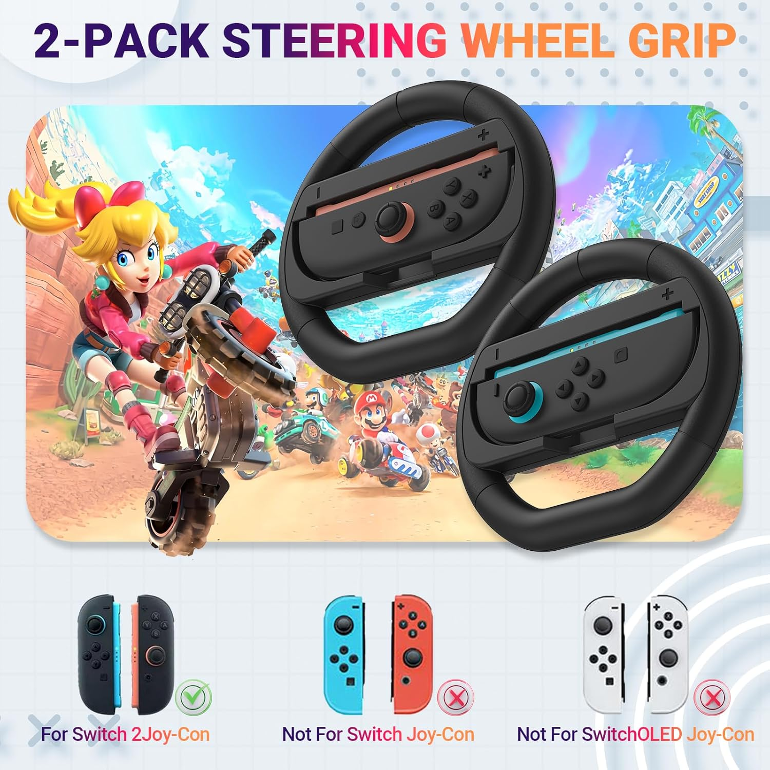 JOWILIN Switch Steering Wheel for Nintenedo Switch 2 (2025), 2 Pack Racing Steering Wheel for Mario Kart World 9/8, Mario Kart Steering Wheel Grip for Switch2 Joy-Con Accessories Kit image number 1