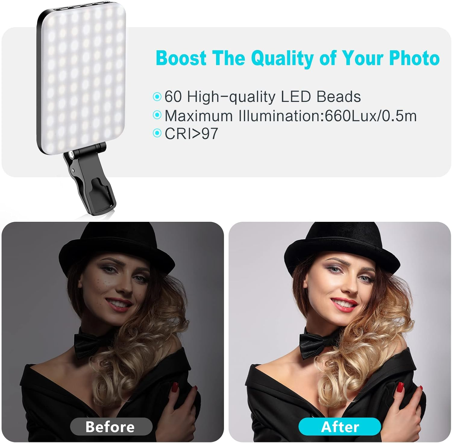 Selfie Light, 60 LED 2200Mah Rechargeable Cell Phone Fill Light 7 Modes, 10-Level Brightness, Portable Clip on Light for Phone/Tablet/Laptop, Zoom Call Vlog Makeup Tiktok Video Fill Light image number 1