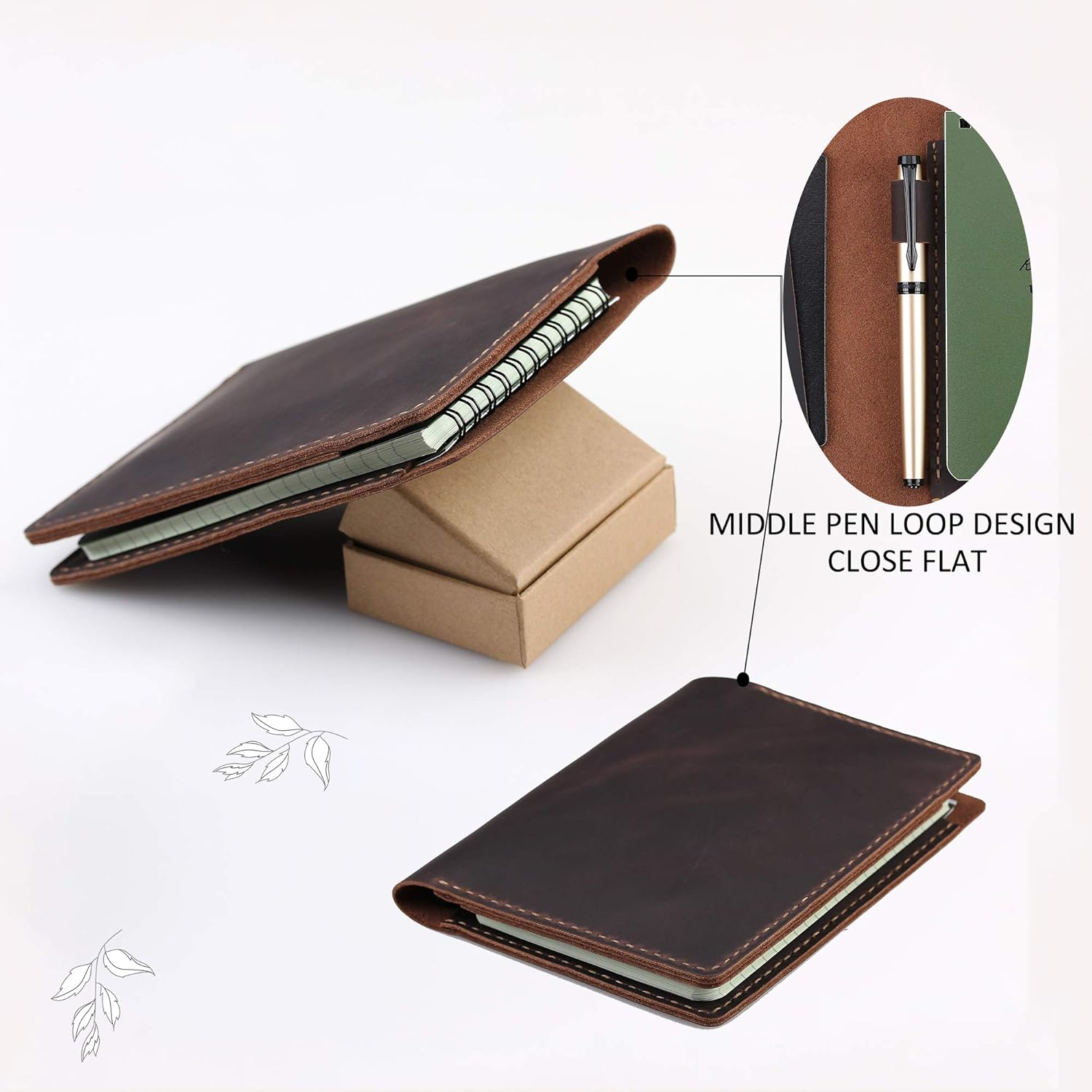 Fasjosma Leather Cover Compatible with Rite in the Rain & Rocketbook Mini Notebooks, Top Bound Spiral Notebook Cover, Leather Cover for 4'' X 6'' Pocket Notepad with Pen Holder - COFFEE - Coffee image number 4