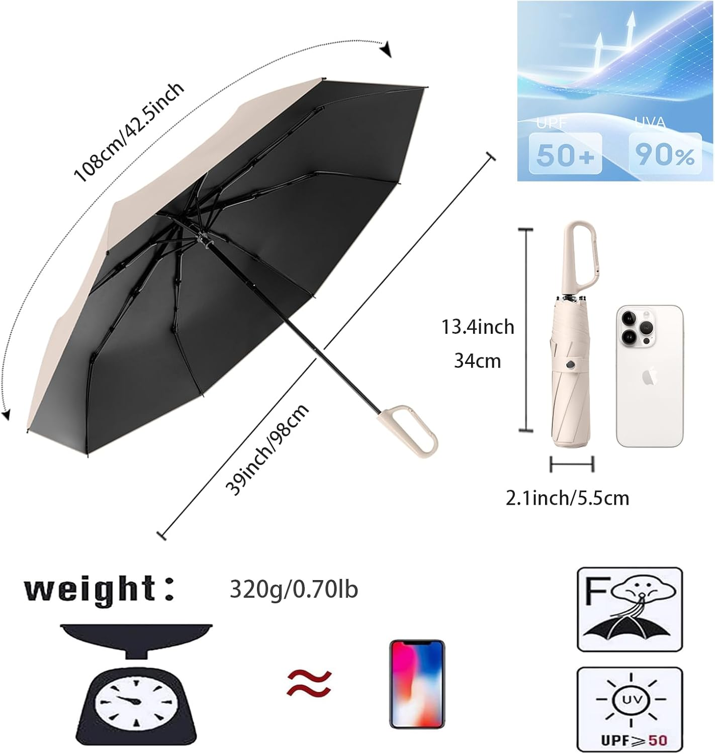 Compact Folding Umbrella Carabiner Handle Coating Layer Fabric Blocking UV Protection 99.9%/Car/Small Travel Backpack/Lightweight Portable/Rain Sun anti UPF 50/Men Women Kids image number 3