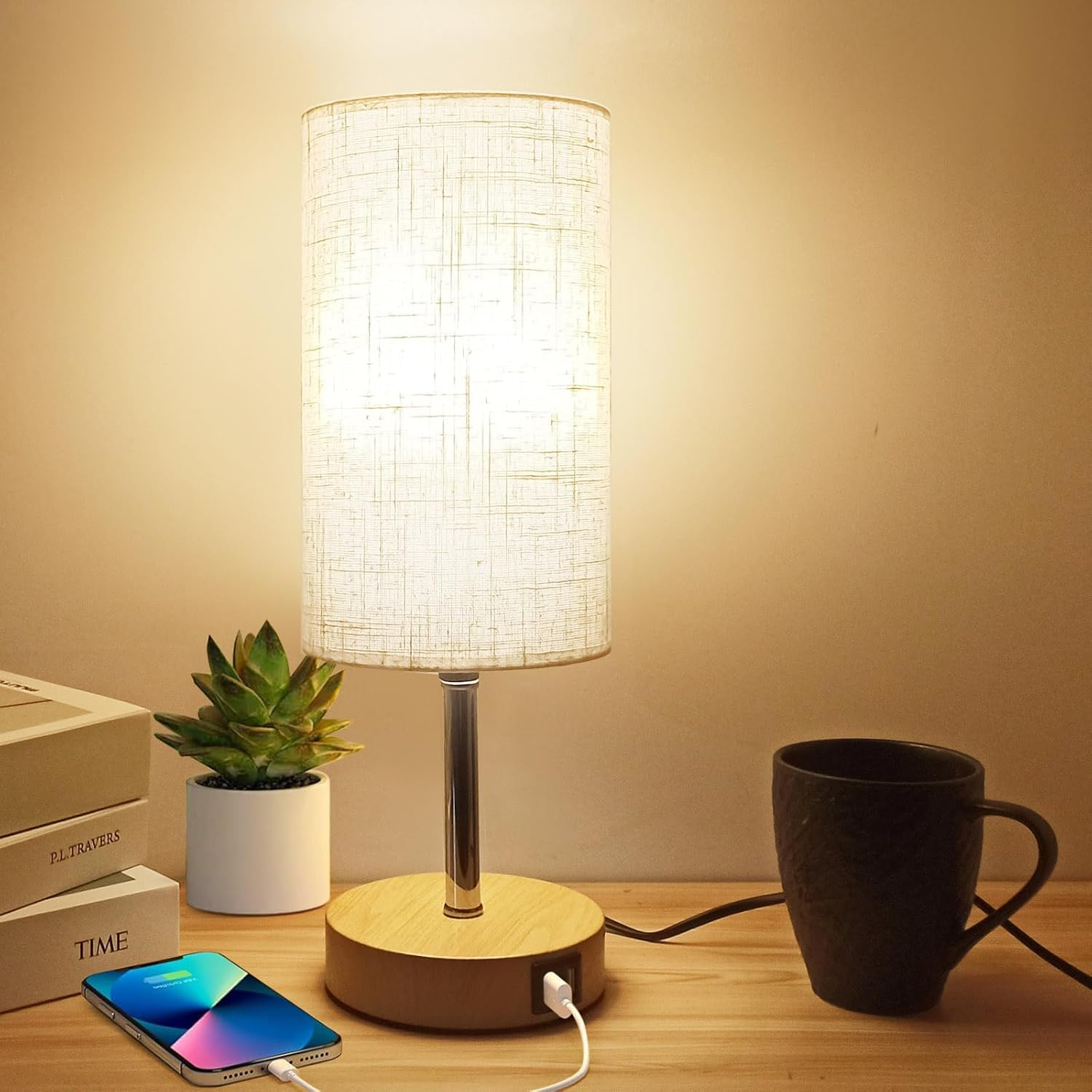 Bedside Table Lamp for Bedroom 3 Way Dimmable Touch Desk Lamp USB Charging Ports Small Lamp Wood Base round Flaxen Fabric Shade for Living Room, Desk, LED Bulb Included