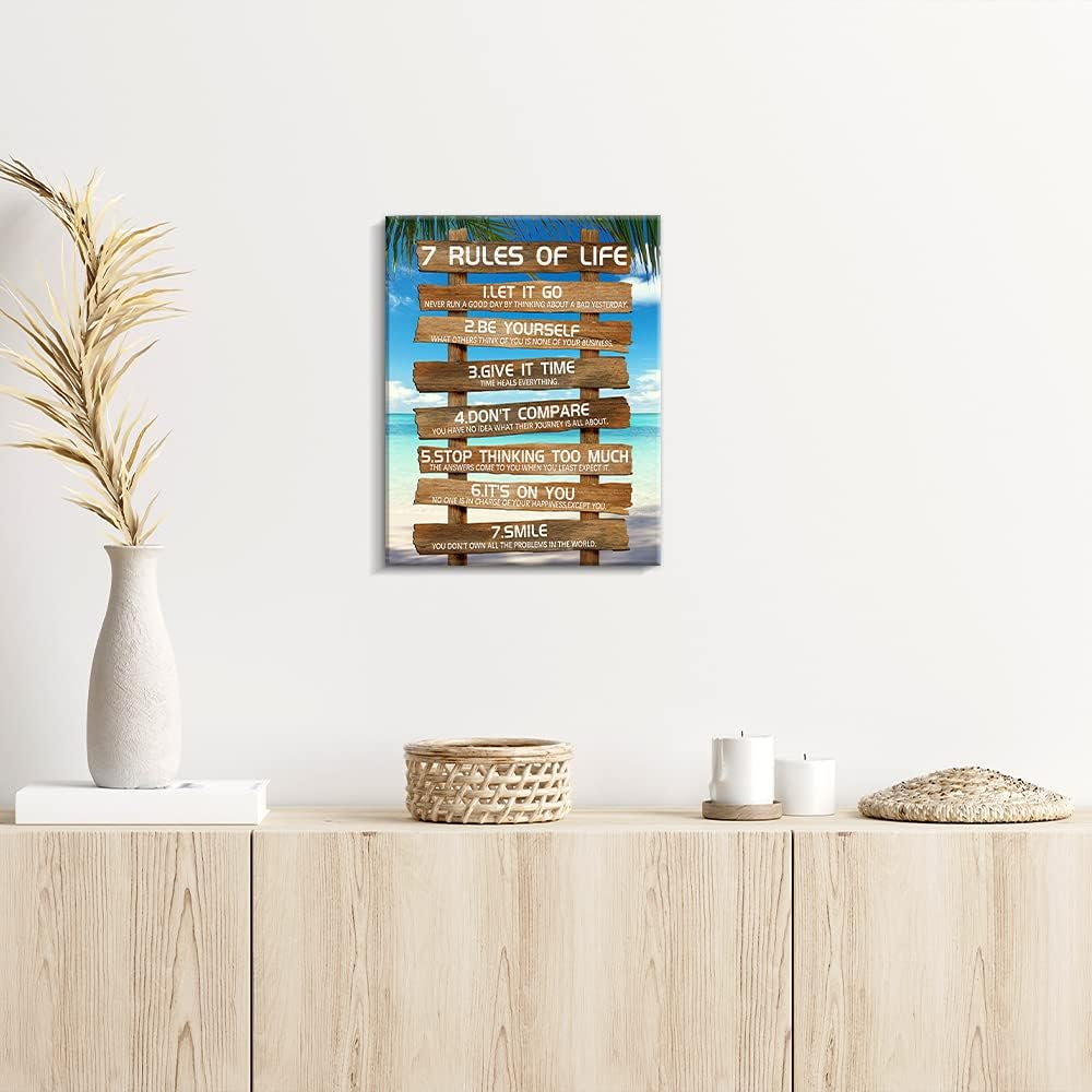 Kas Home Inspirational Wall Art - 7 Rules of Life Motivational Canvas Wall Decor Beach Positive Quotes Living Room Rustic Framed Art Gift for Bedroom Bathroom (12 X 15 Inch, Brown - 7 Rules) - White-Love image number 3