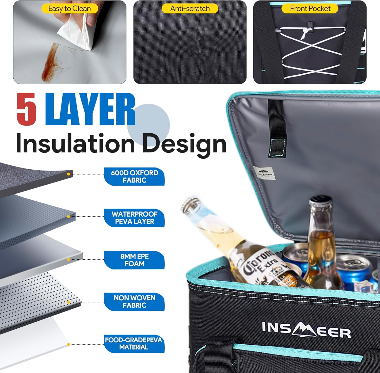 INSMEER Cooler Bag 60Cans,40L Large Cooler Bags Insulated,Soft Cooler Bag Leakproof/Collapsible/Portable Cooler Backpack,With Bottle Opener&Removable Shoulder Strap,Suitable for Beach Camping Picnics image number 3