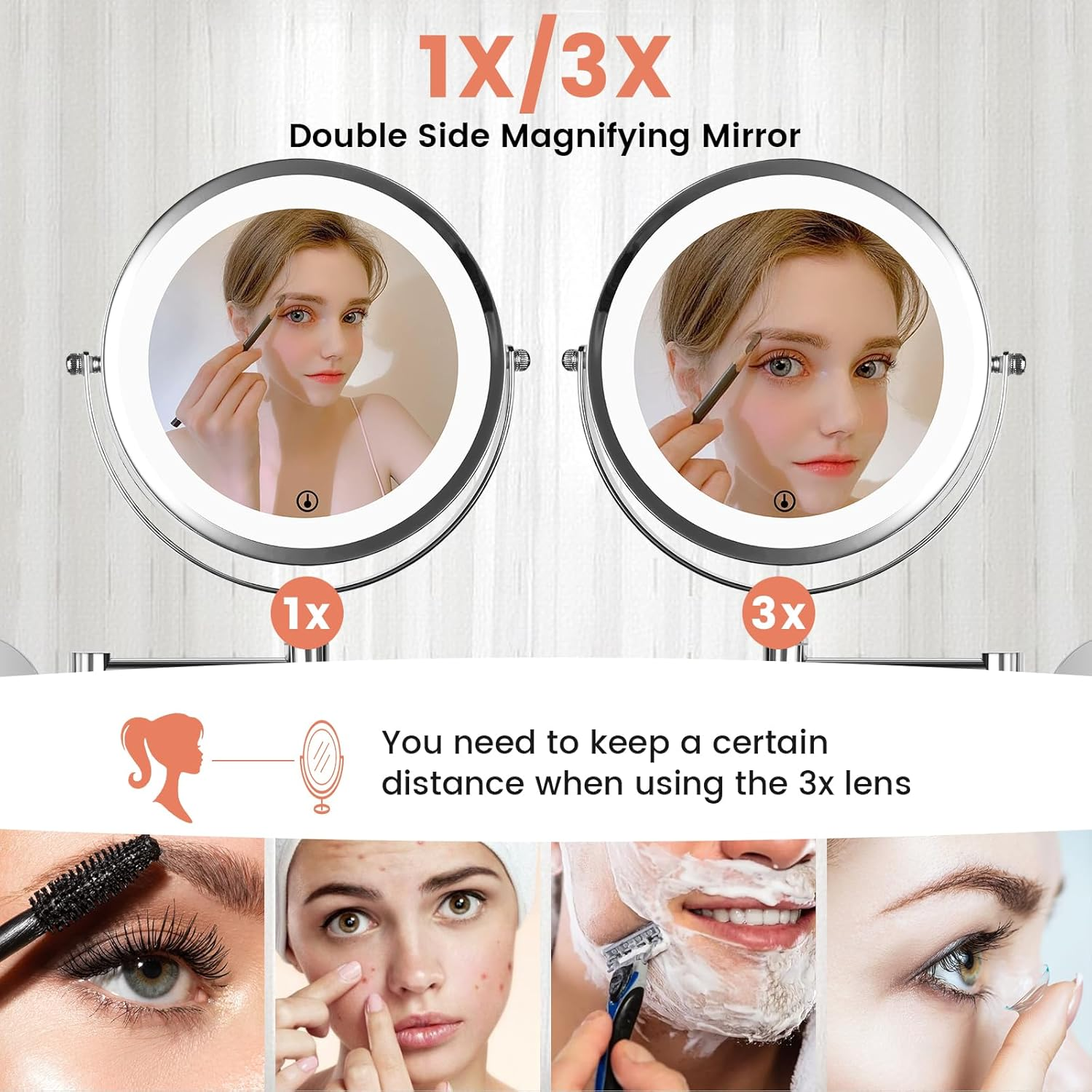 Lighted Makeup Mirror with 21 LED Lights, Wall Mounted Vanity Mirror, 360&deg; Swivel Infinitely Dimmable Double Sided 1X 3X Magnifying Mirror, Battery Powered Cosmetic Mirror for Bedroom Bathroom image number 5