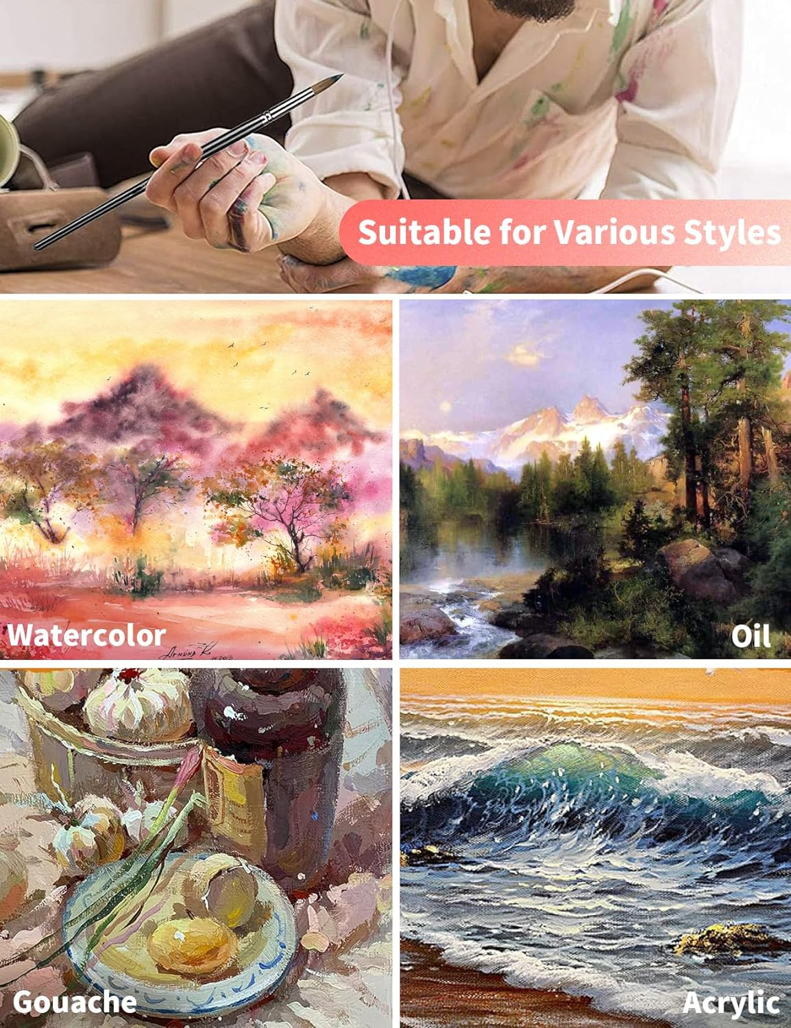 9 PCS Professional Watercolor Detail Paint Brushes, round Pointed Tip Paint Brushes Perfect for Watercolors Acrylics Inks Gouache Oil and Tempera Paint by Numbers, Art Supplies for Painting (Spike) image number 2