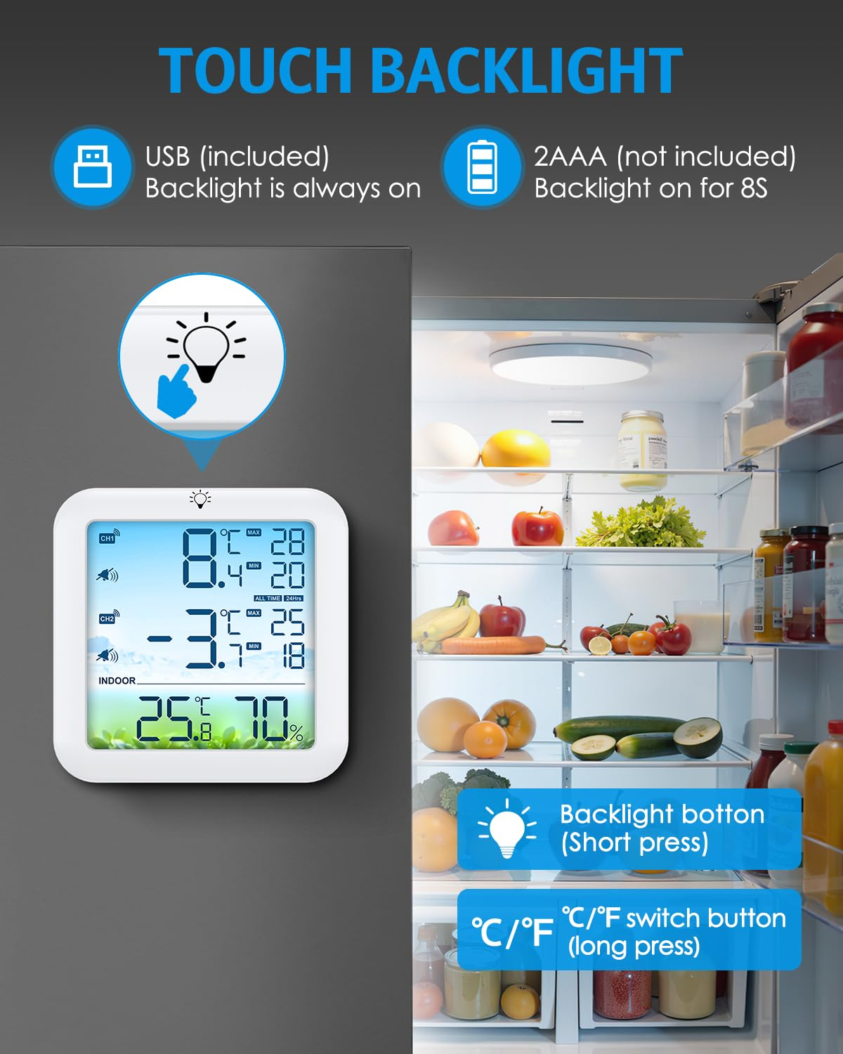 AMIR Wireless Fridge and Freezer Thermometer with Alarm, Max/Min Temperature Records Digital Refrigerator Thermometer, 328FT Remote Range, Magnetic & Stand Options for Kitchen Home Restaurant image number 5