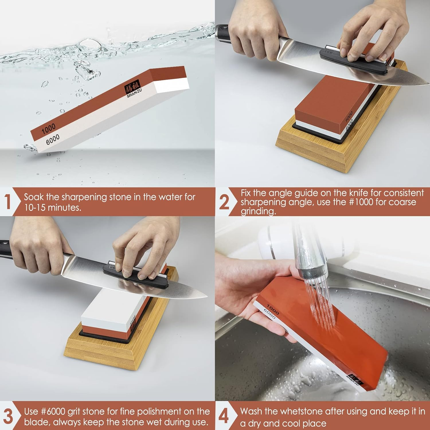 SHAN ZU Sharpening Stone for Knives, Grit 1000/6000 Whetstone with Angle Guide Non-Slip Bamboo Base Japanese Knife Sharpeners Stone Professional 2-In-1 Wetstone for Home Kitchen image number 1