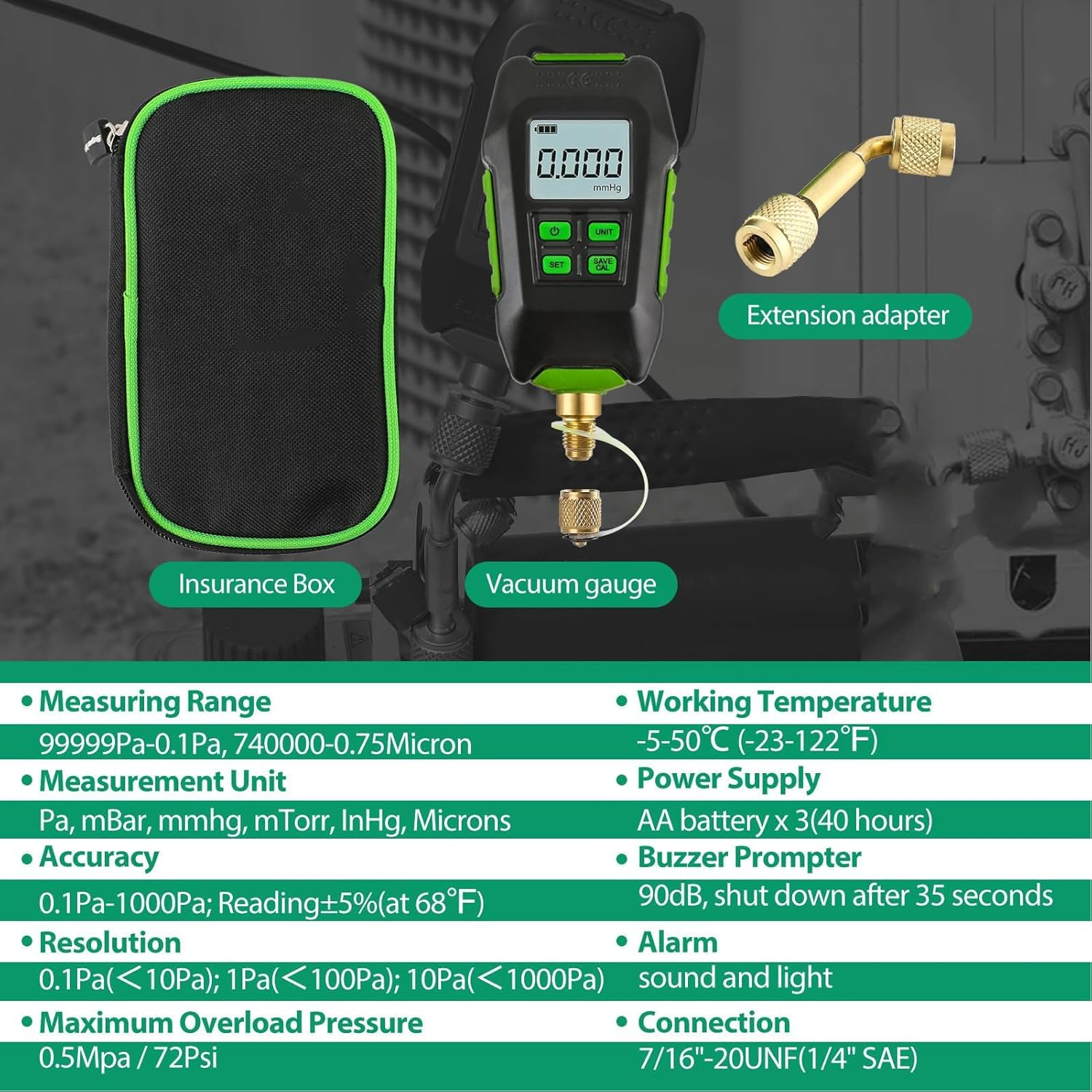 Digital Vacuum Gauge, Large Screen Display, Professional Accuracy, Integrated Extension Connector, 7/16In 20UNF Interface, 4 Vacuum Units, Water Dust Resistant