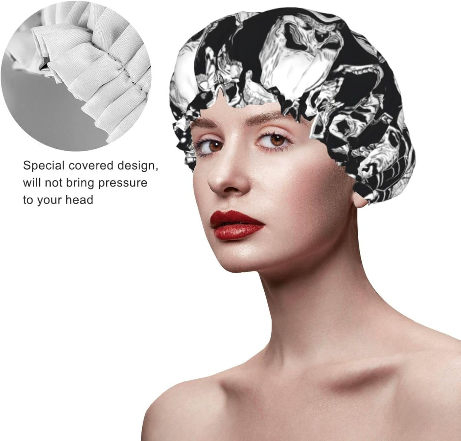 Wurton Skull Background Print Reusable Enviro-Care Shower Cap Soft for Women Double Waterproof Layers Showe Cap image number 3